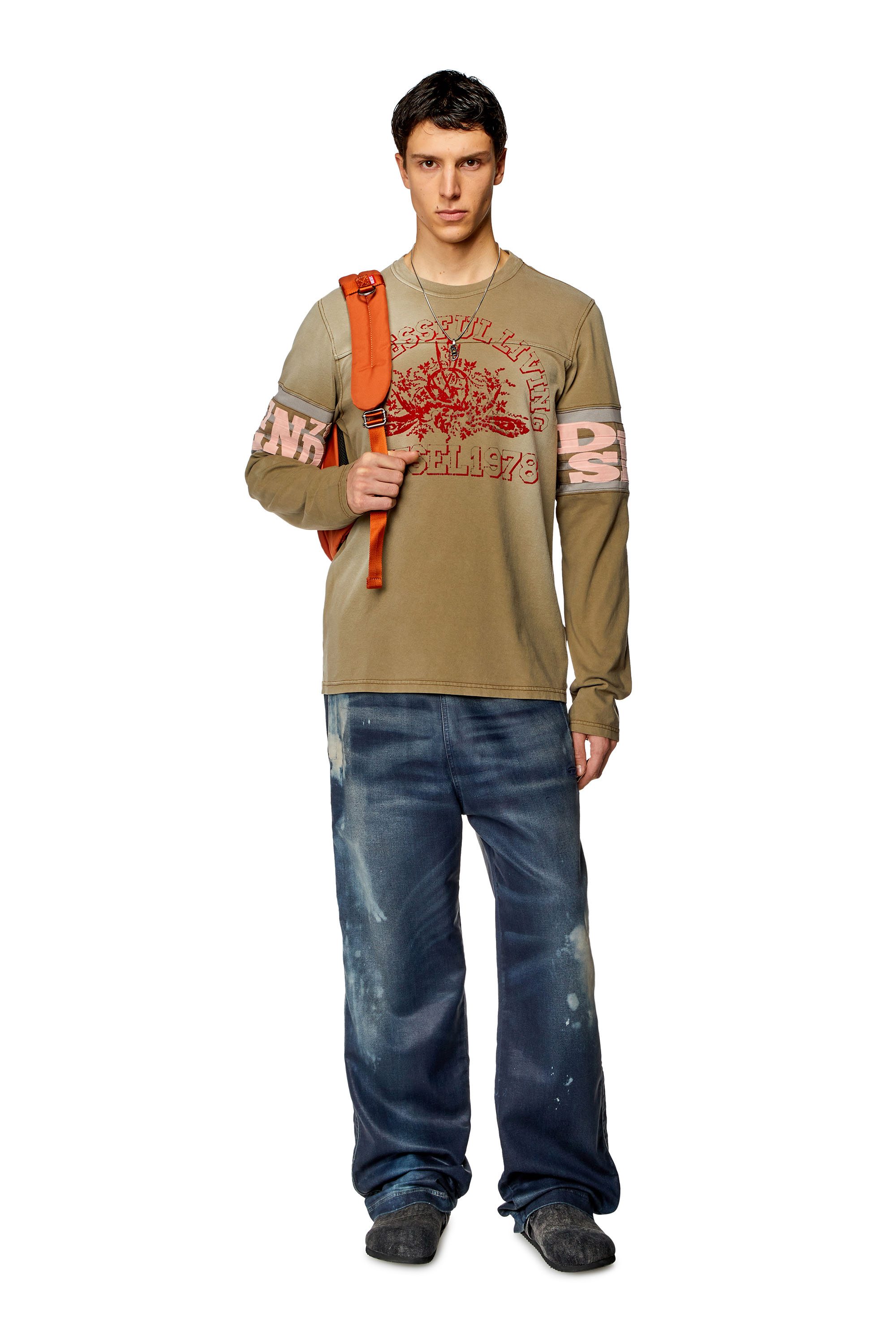 Diesel - T-JU-LS, Man's Long-sleeve T-shirt with flocked logo in Light Brown - 1