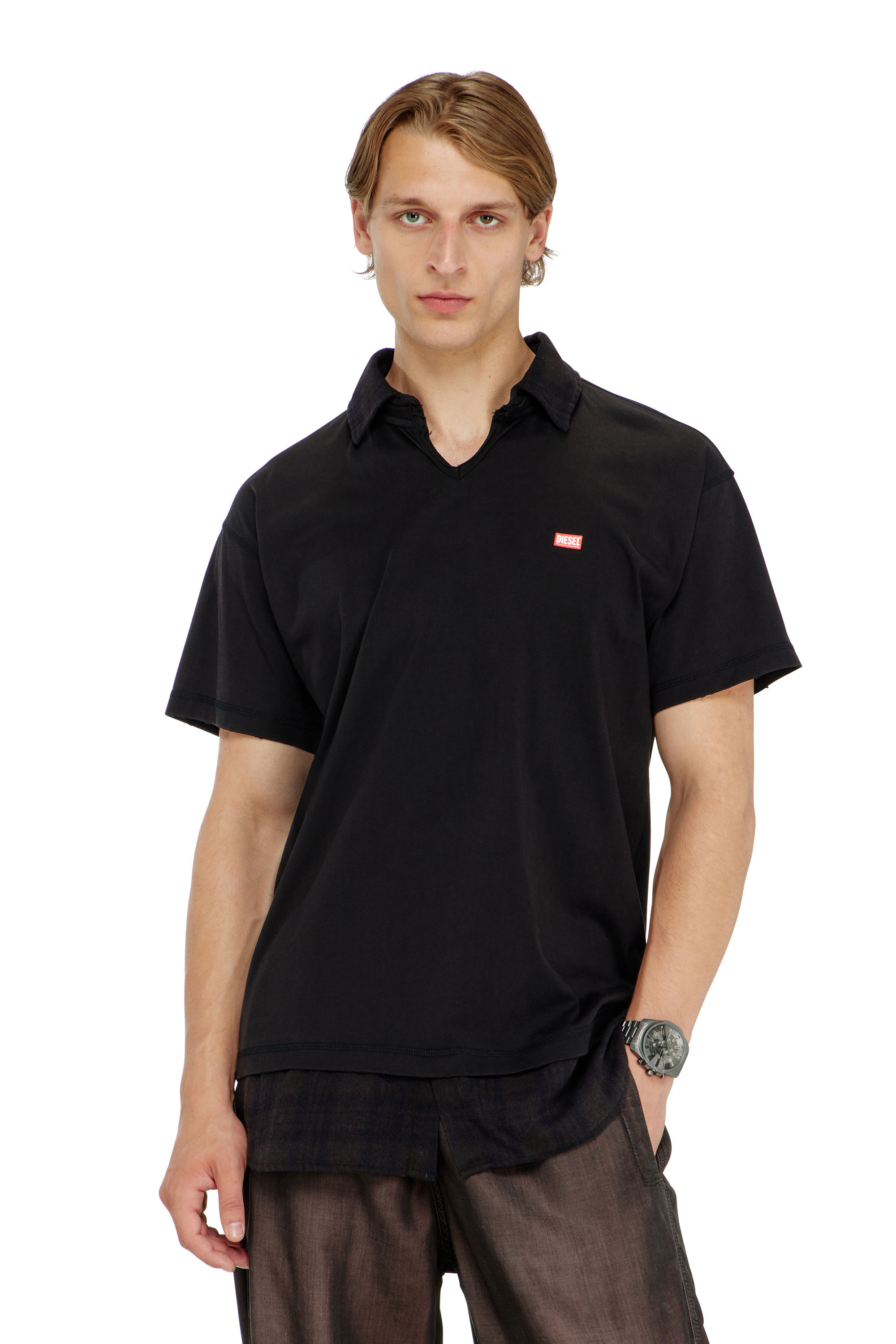 Diesel - T-ANSEL, Polo en jersey avec finitions en flanelle &agrave; carreaux Homme in Noir - 1