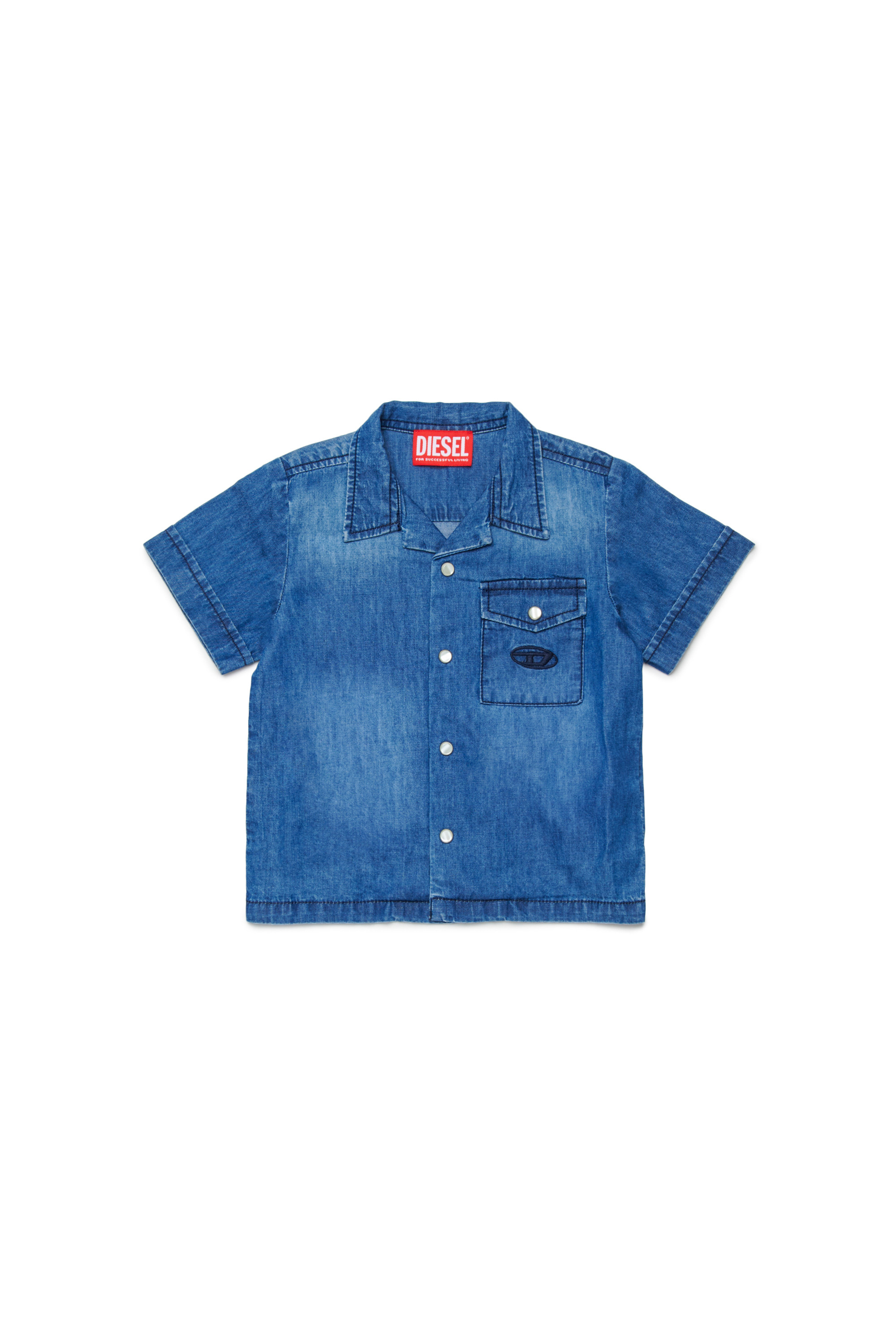 Diesel - CIRIB, Man's Bowling shirt in washed denim in Medium blue - 1