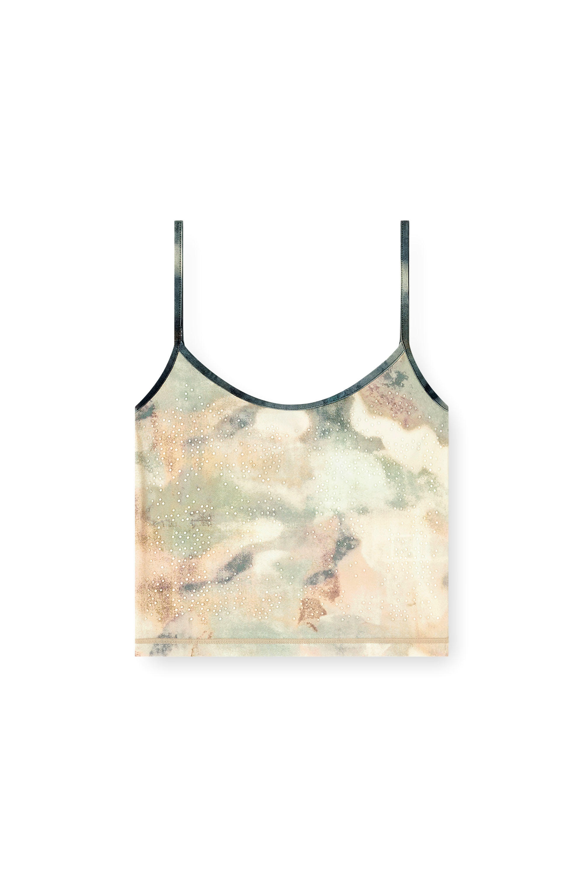 Diesel - T-IPLU, Top skinny en nylon avec imprim&eacute; camouflage int&eacute;gral et d&eacute;tails en cristal Femme in Vert - 3