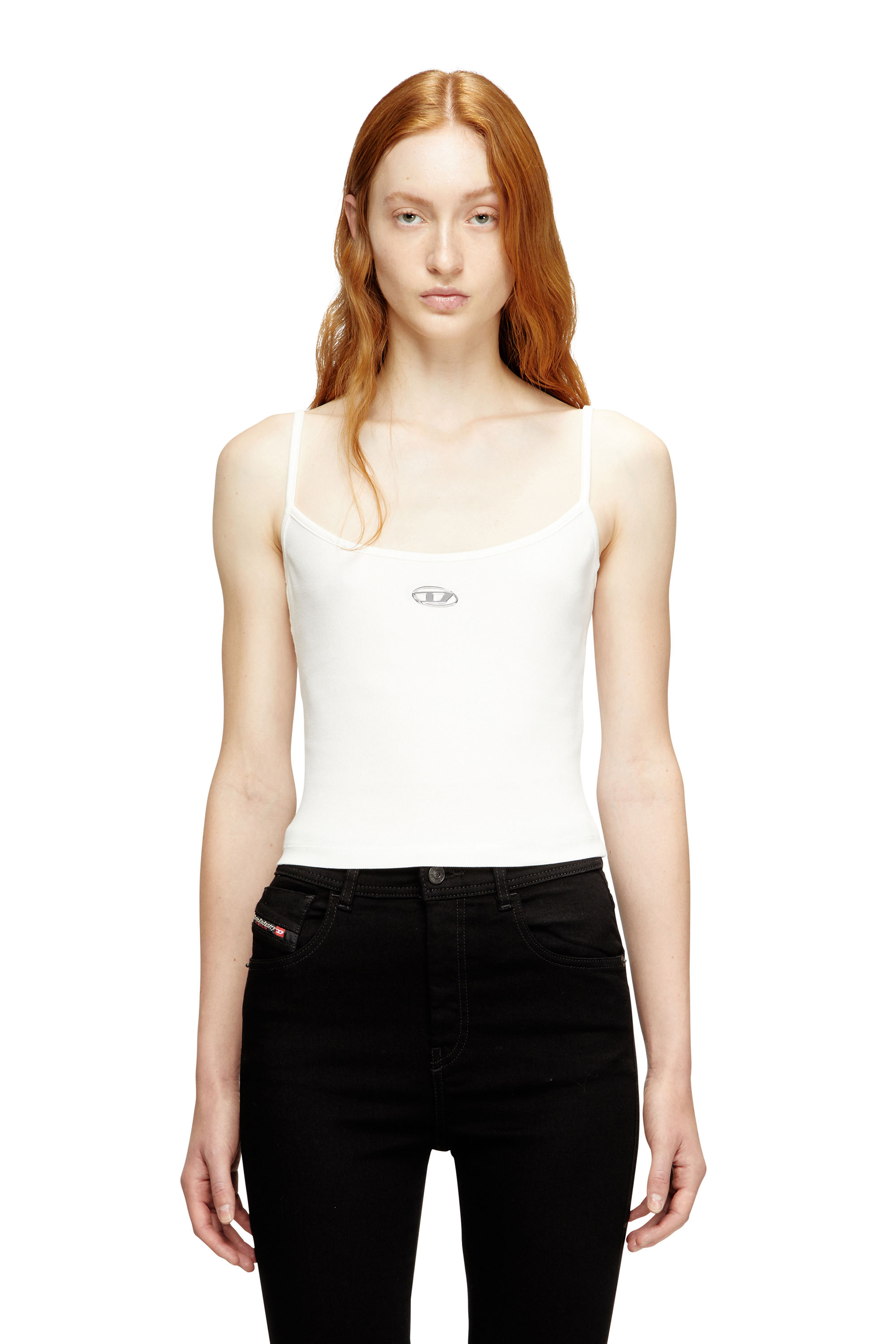 Diesel - T-HUPY-OD, Woman's Ribbed top with metallic Oval D in White - 1