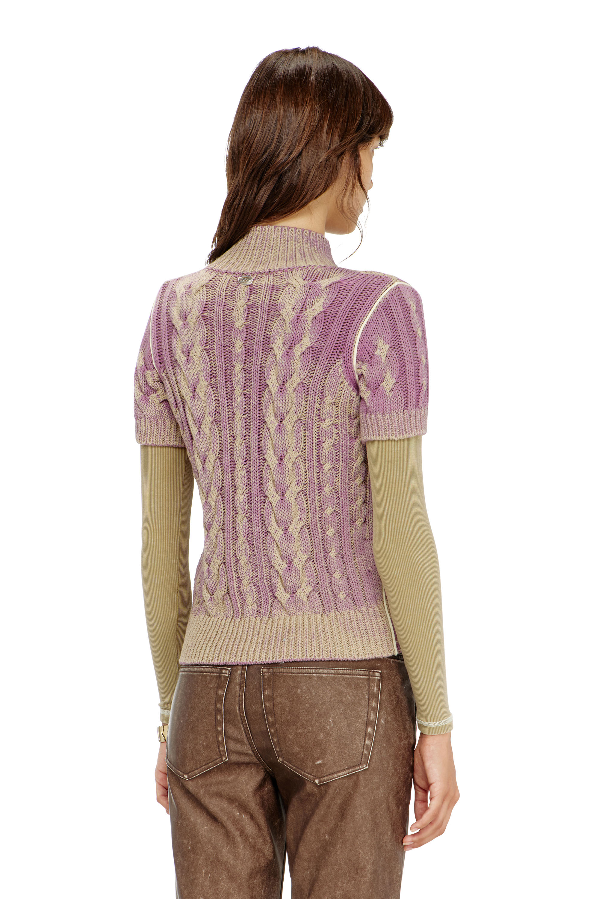 Diesel - M-ELANA, Woman's Short-sleeve zip cardigan in cable knit in Beige/Violet - 4