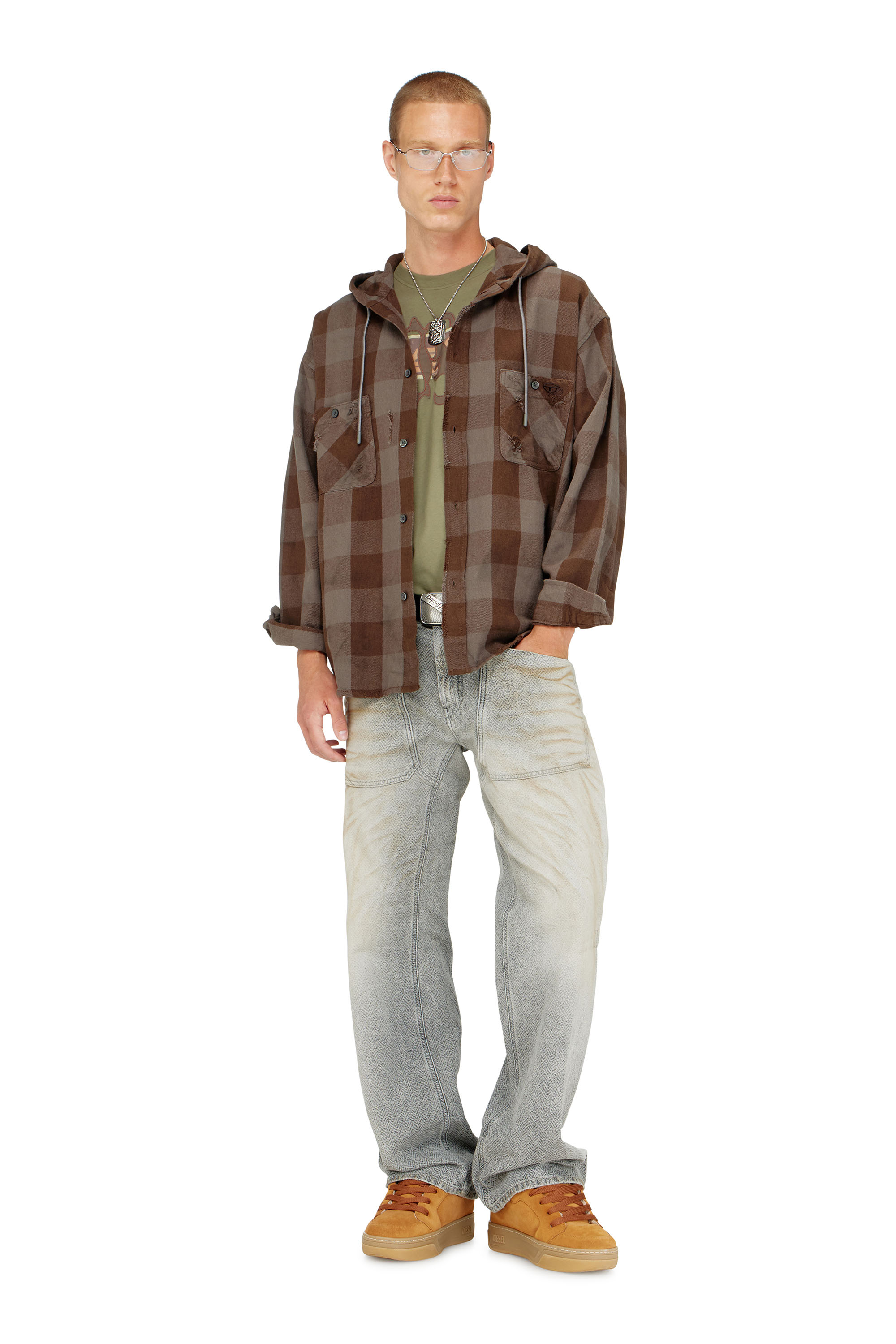 Diesel - S-DRUM-HOODY, Chemise &agrave; capuche effet us&eacute; en flanelle &agrave; carreaux Homme in ToBeDefined - 1