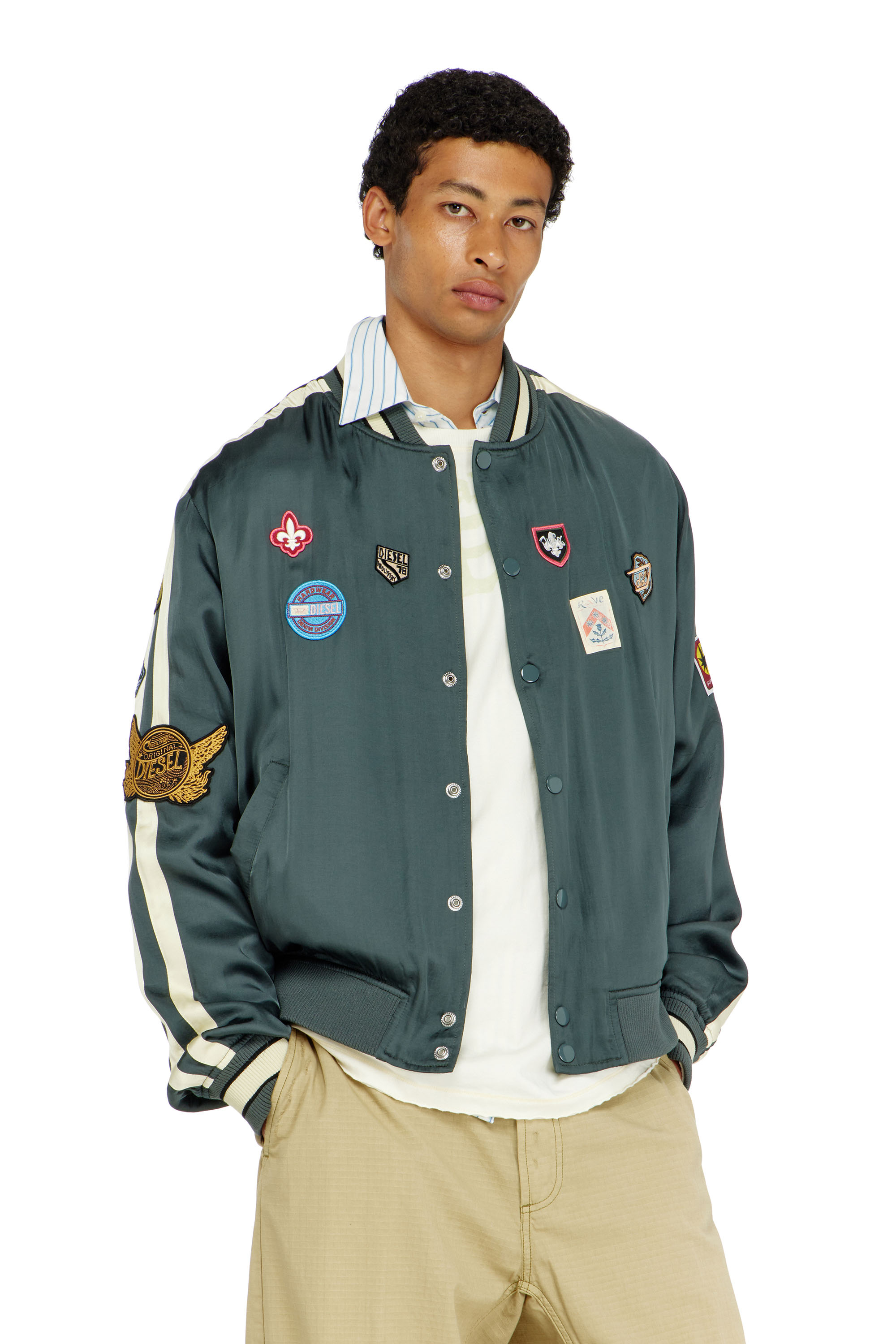 Diesel - J-ANNU, Blouson bomber satin&eacute; avec patchs Homme in ToBeDefined - 1