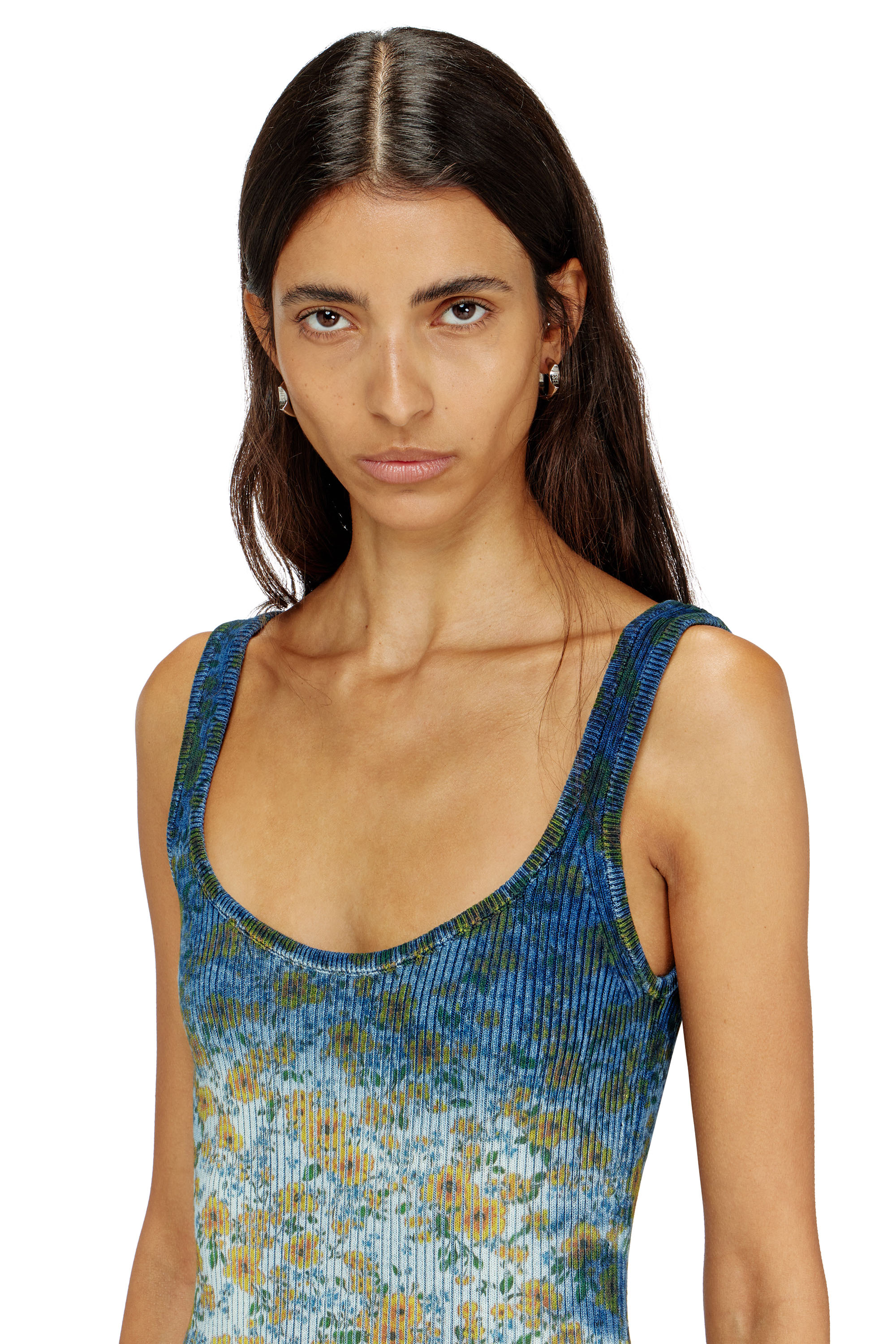 Diesel - M-EGITA, Robe midi en maille c&ocirc;tel&eacute;e avec effet floral radiographique Femme in Bleu - 4