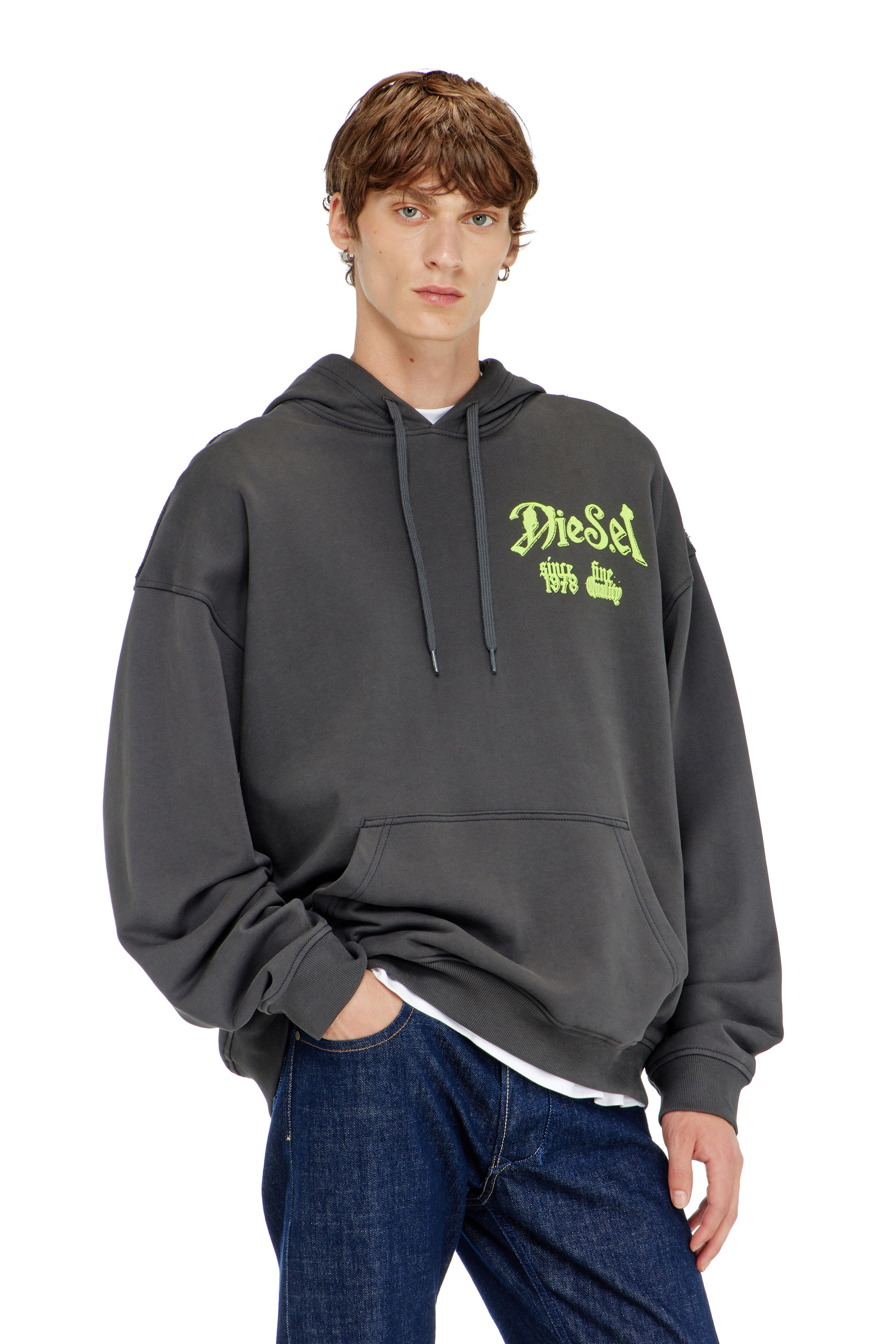 Diesel - S-BOXT-HOOD-AA2, Man's Cotton hoodie with flocked graphics in Dark grey - 1