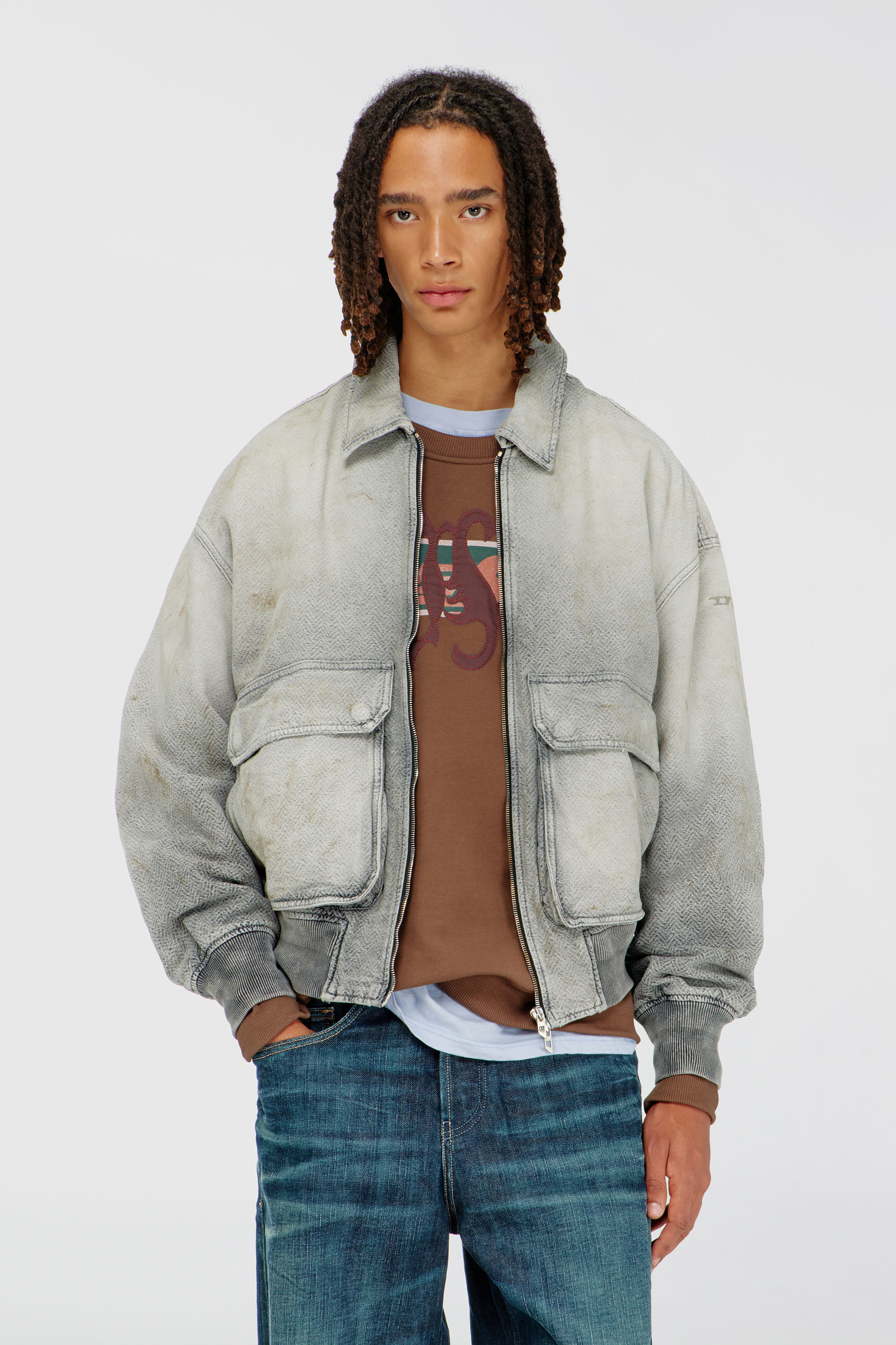 Diesel - D-KURZ, Veste en denim chevron effet us&eacute; Mixte in Gris - 1
