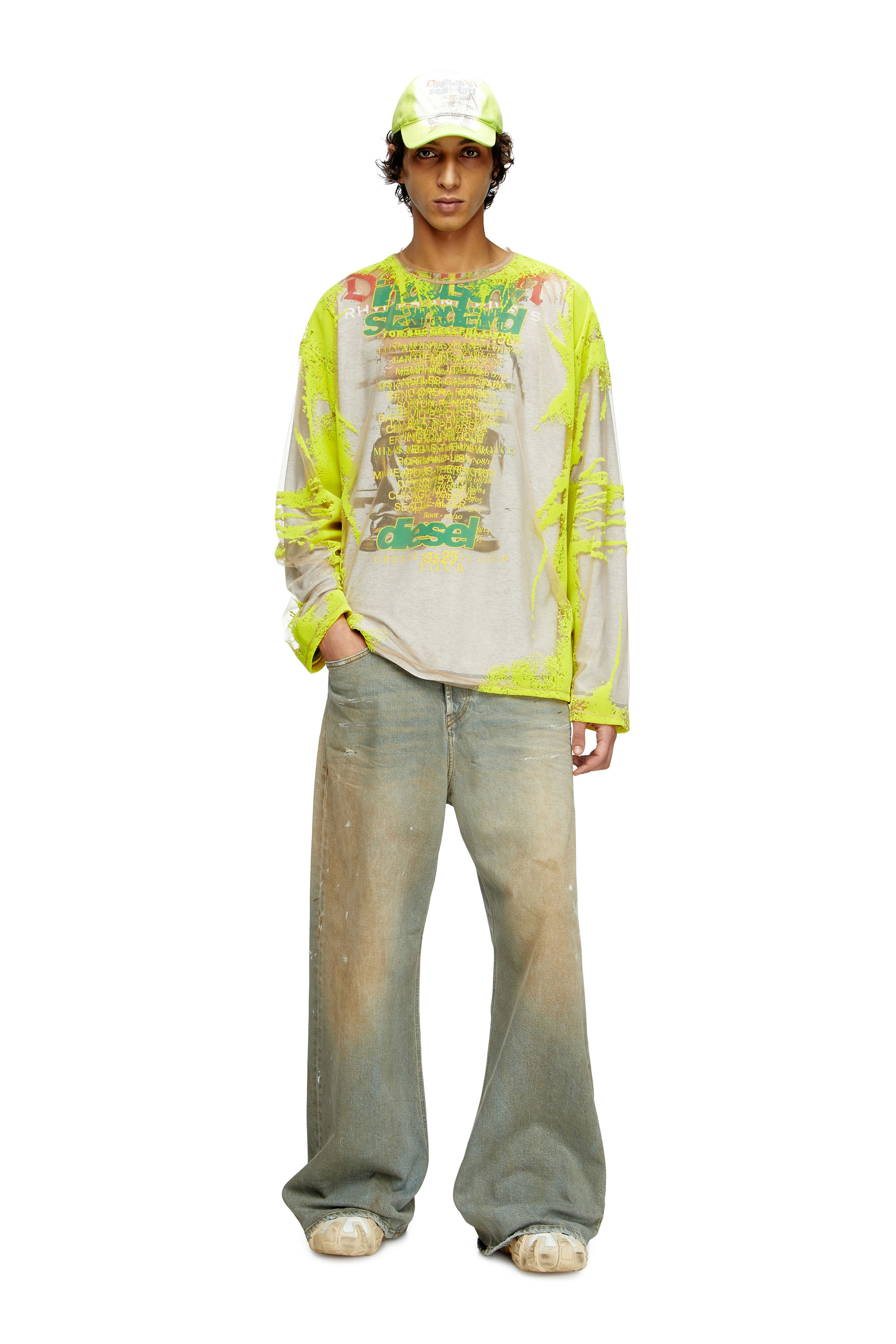 Diesel - T-HASSAN-LS-A, T-shirt en nylon à manches longues avec imprimé paroles Mixte in Jaune - 1