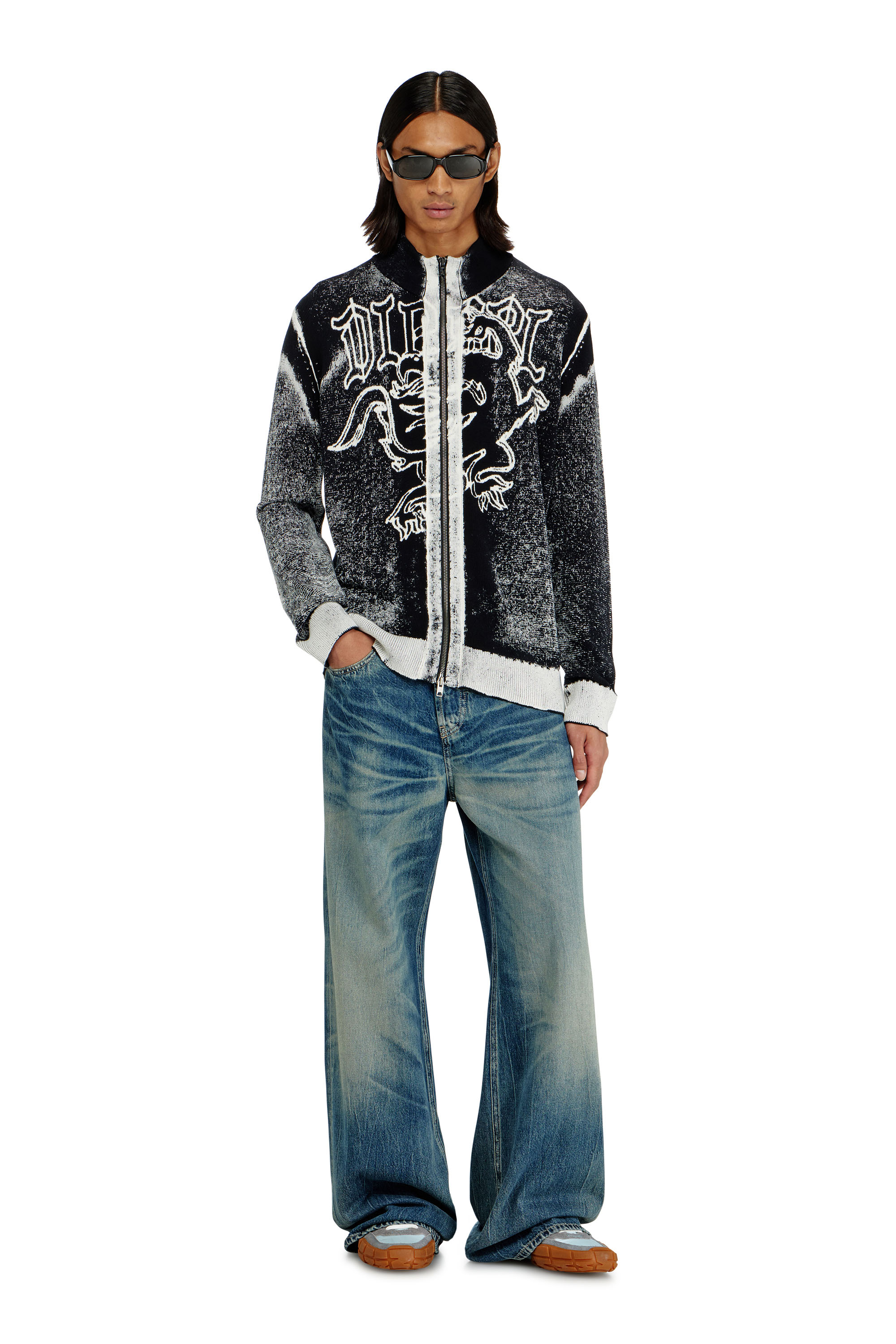 Diesel - K-LAUROS, Man's Treated zip cardigan with griffin motif in Black/White - 2