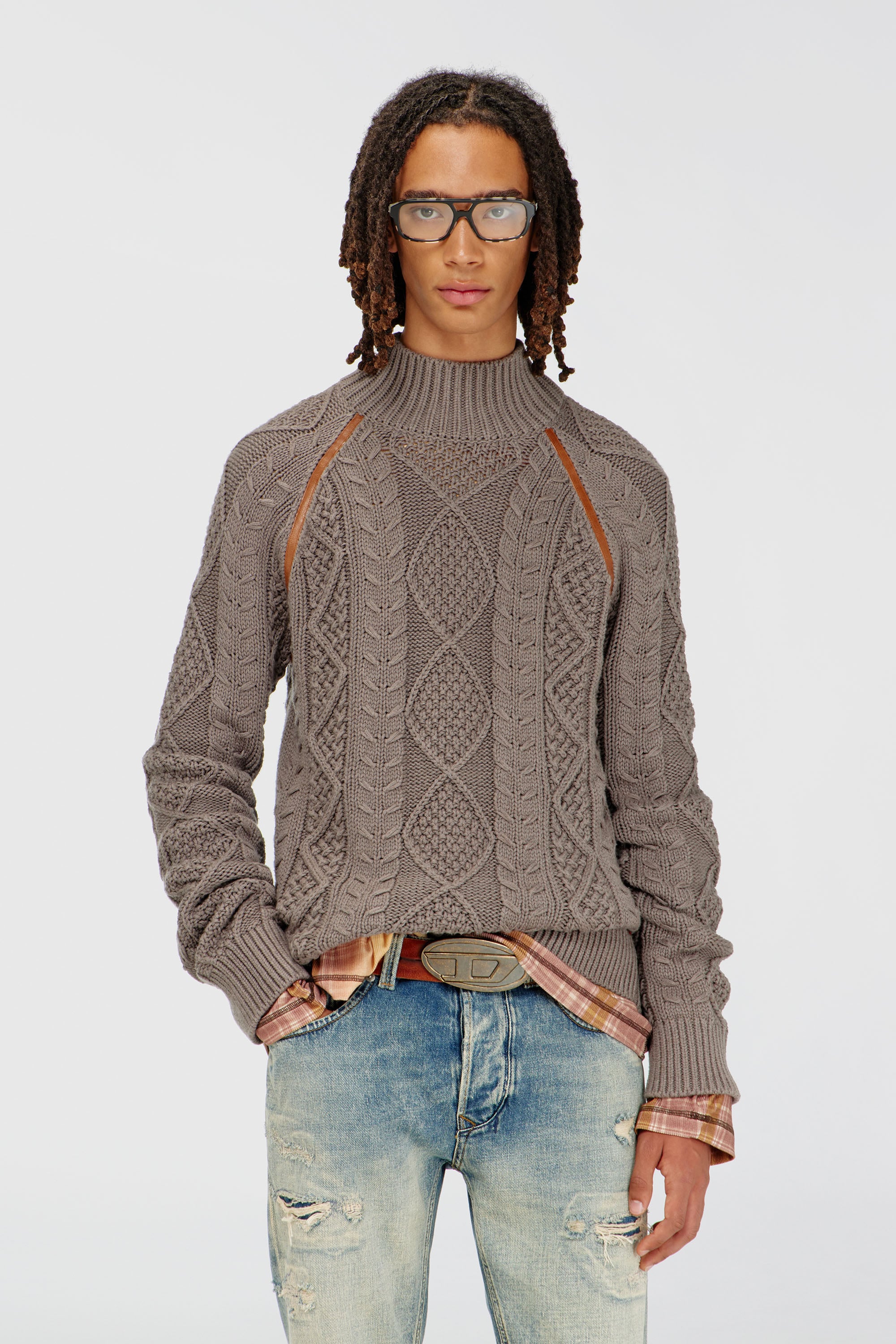 Diesel - K-INOME, Pull &agrave; col roul&eacute; en maille torsad&eacute;e Homme in Gris - 1