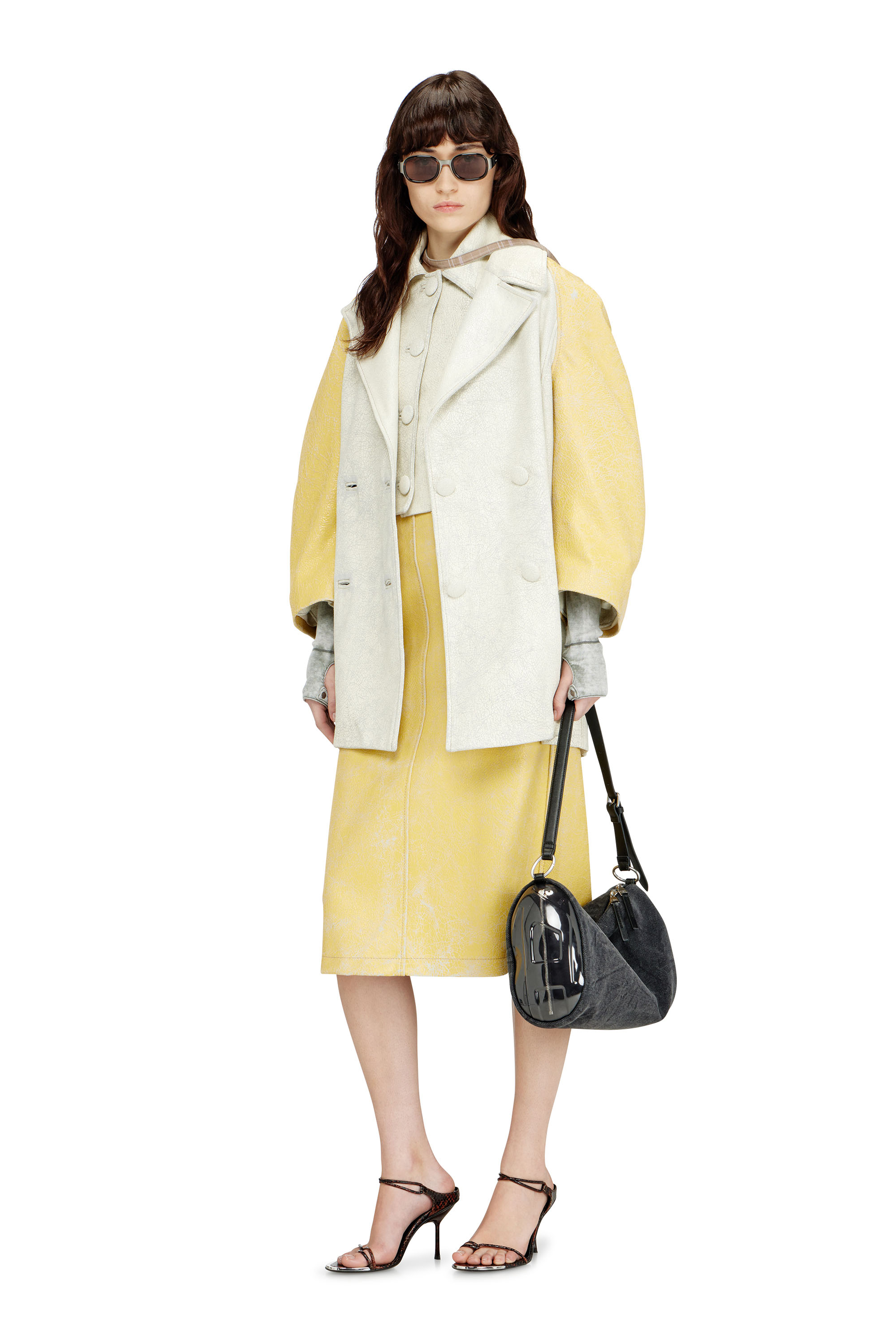 Diesel - L-UPIN, Woman's Cocoon-sleeve peacoat in cracked leather in White/Yellow - 2