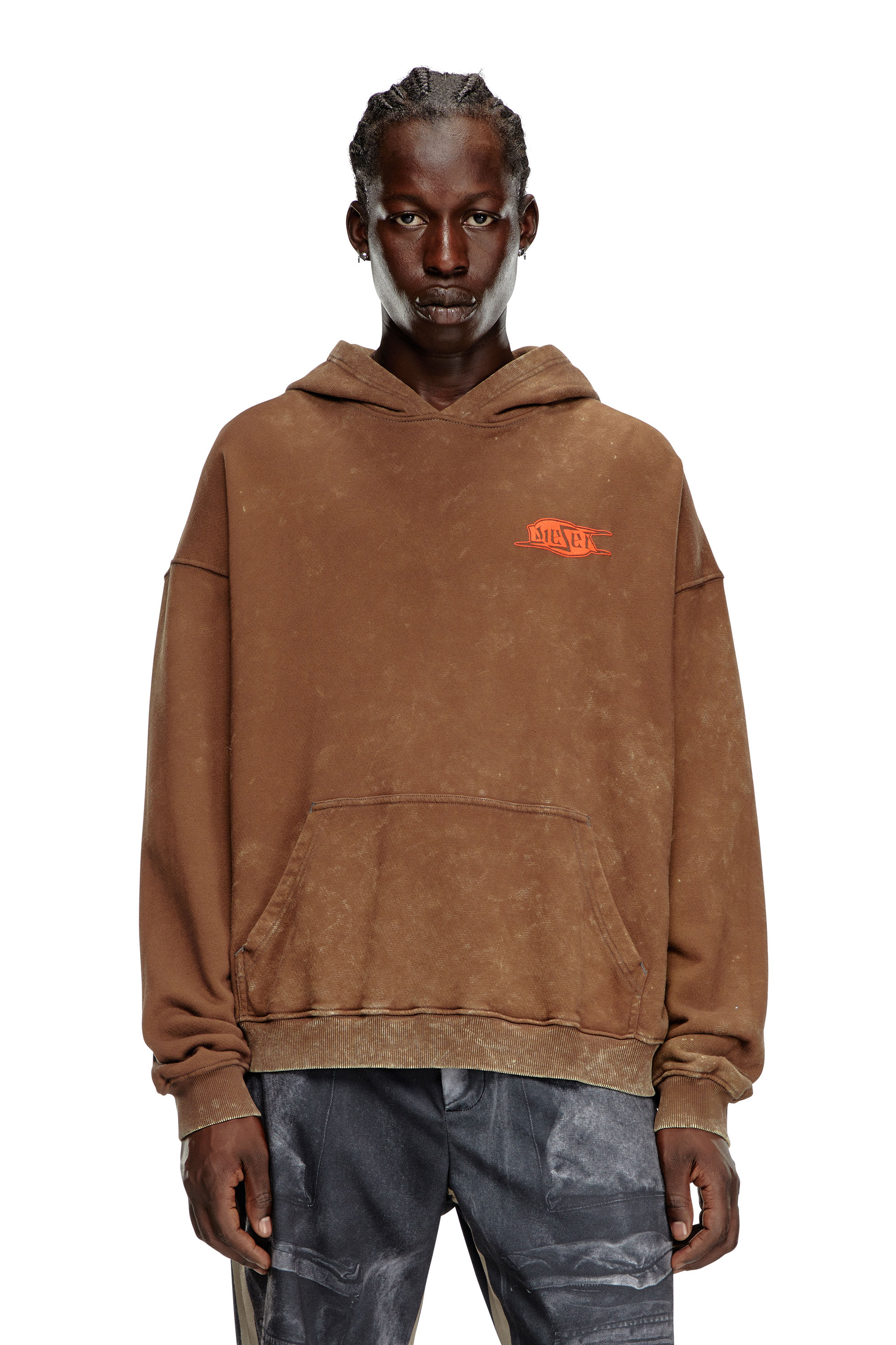 Diesel - S-BOXT-HOOD-Q5, Sweat-shirt à capuche marbré avec logo imprimé effet bouffant Homme in Marron - 1