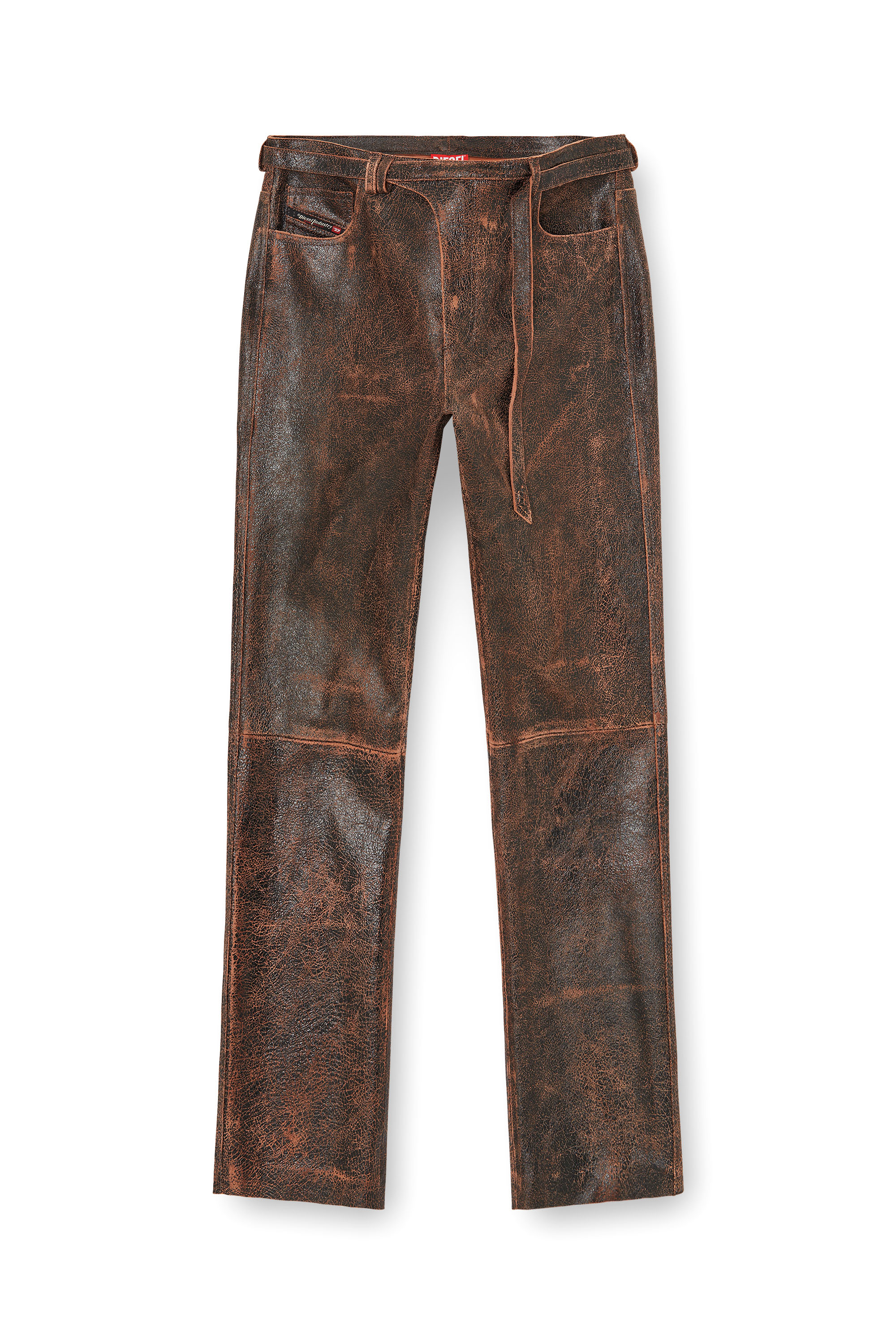 Diesel - P-NURI, Pantalon en cuir craquel&eacute; avec d&eacute;tail de sangle biker Homme in Marron - 3