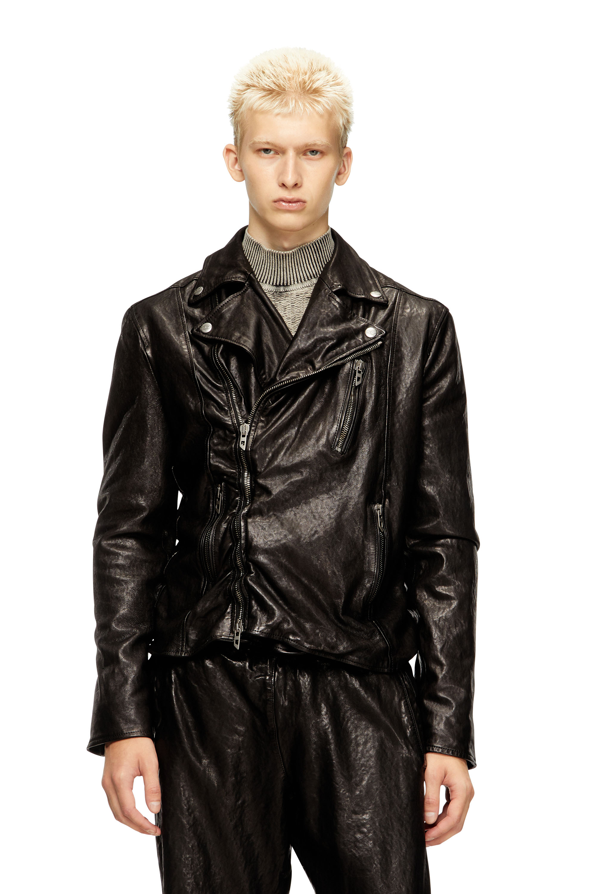 Diesel - L-UNCAN, Veste de motard en cuir bouilli Homme in Noir - 1