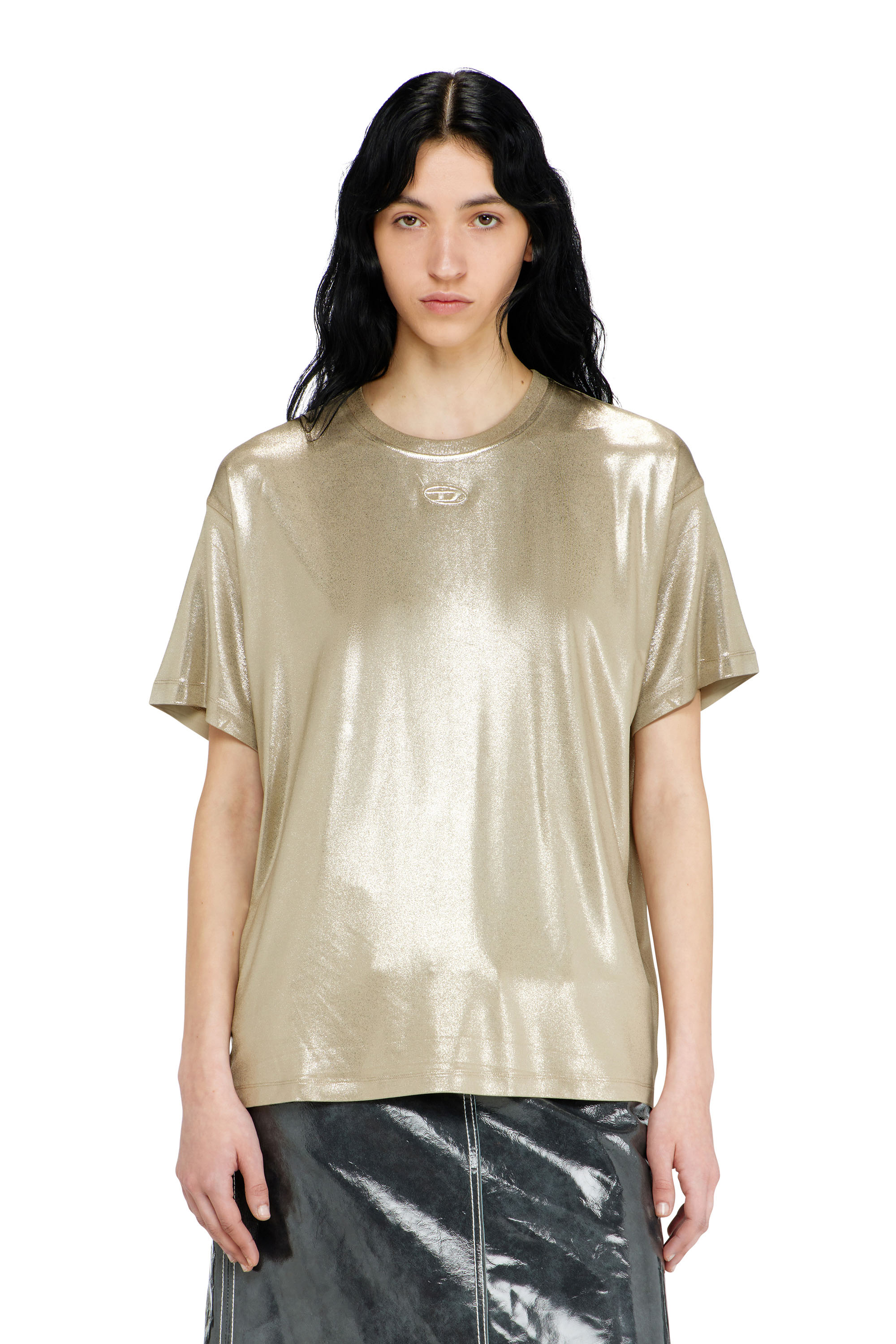 Diesel - T-NORMY-AA2, T-shirt en jersey &agrave; finition m&eacute;tallis&eacute;e Femme in Beige - 3