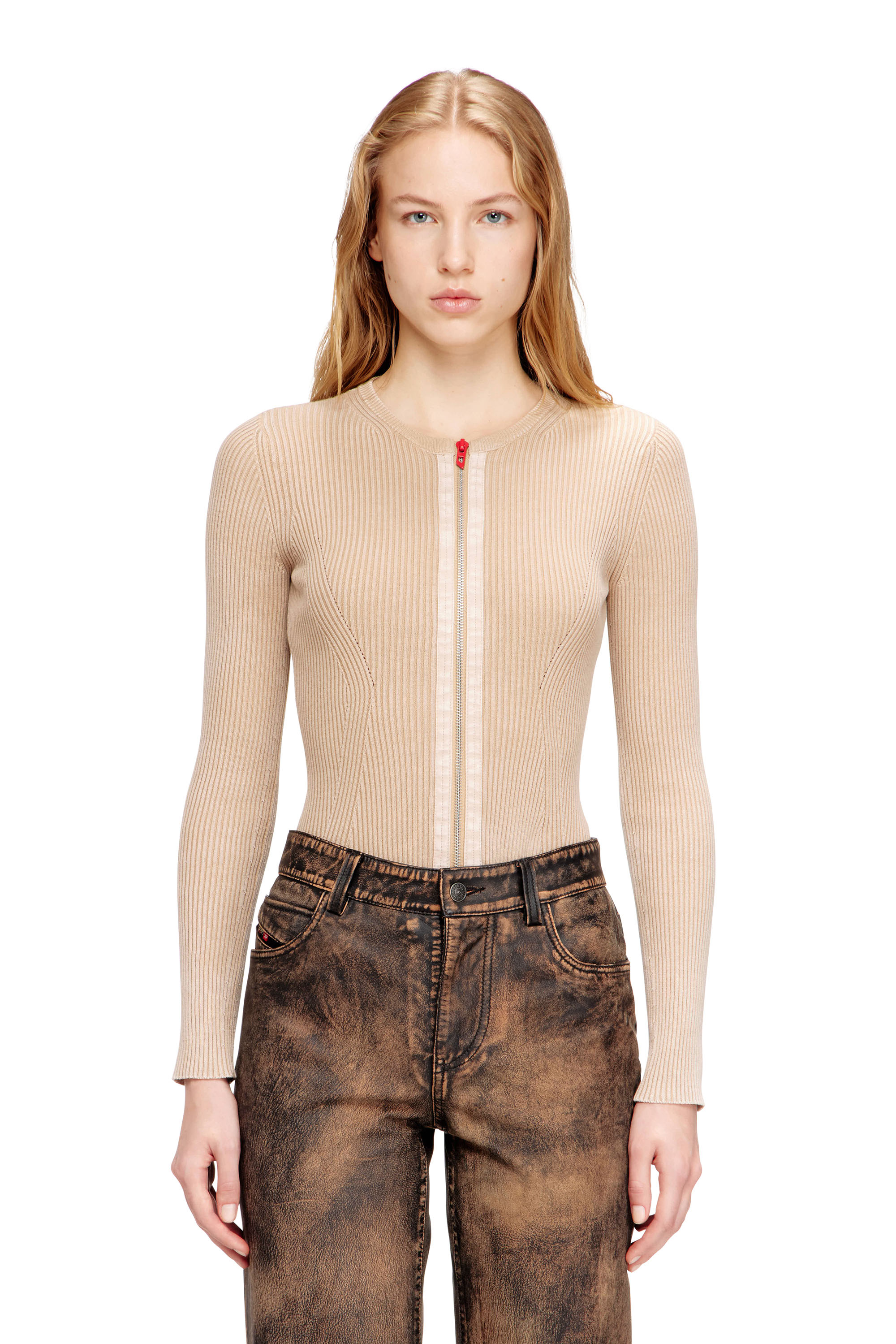 Diesel - M-GILDE, Cardigan zipp&eacute; en coton c&ocirc;tel&eacute; Femme in Beige - 3