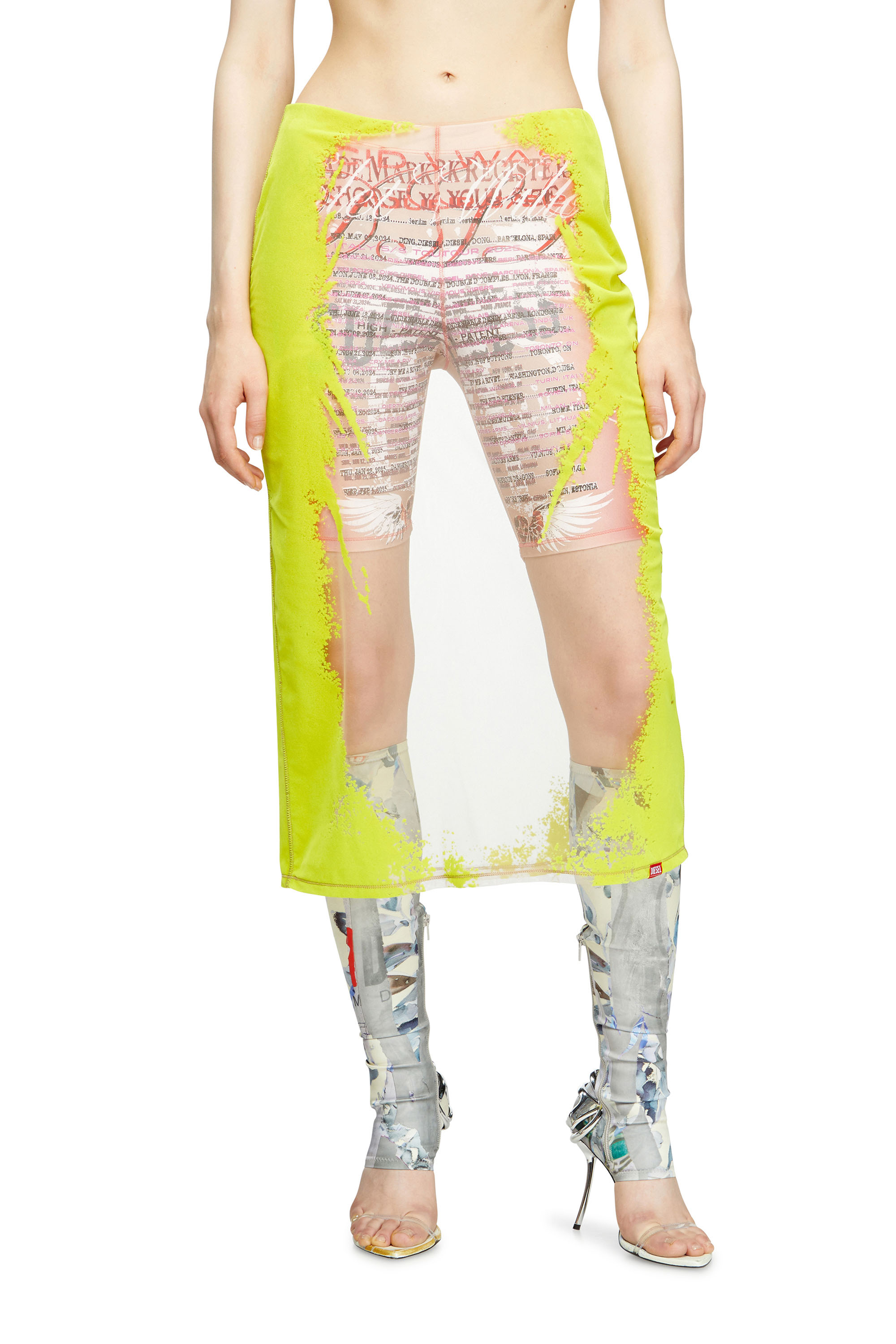 Diesel - O-LYAC, Woman's Layered midi skirt with lyrics print in Yellow/Pink - 3