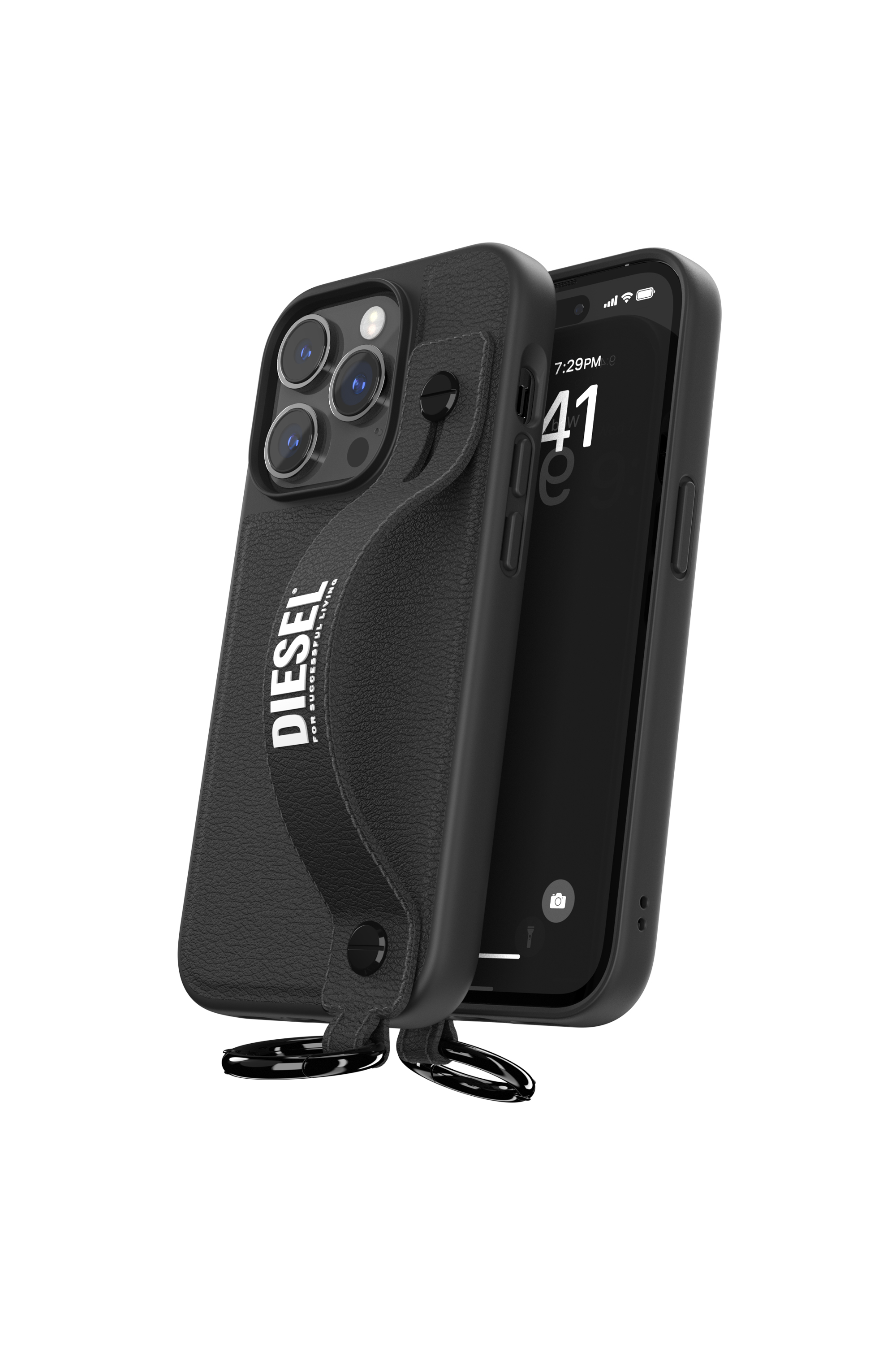 Diesel - 50284 MOULDED CASE, Unisex's Leather handstrap case for iPhone 14 Pro in Black - 3