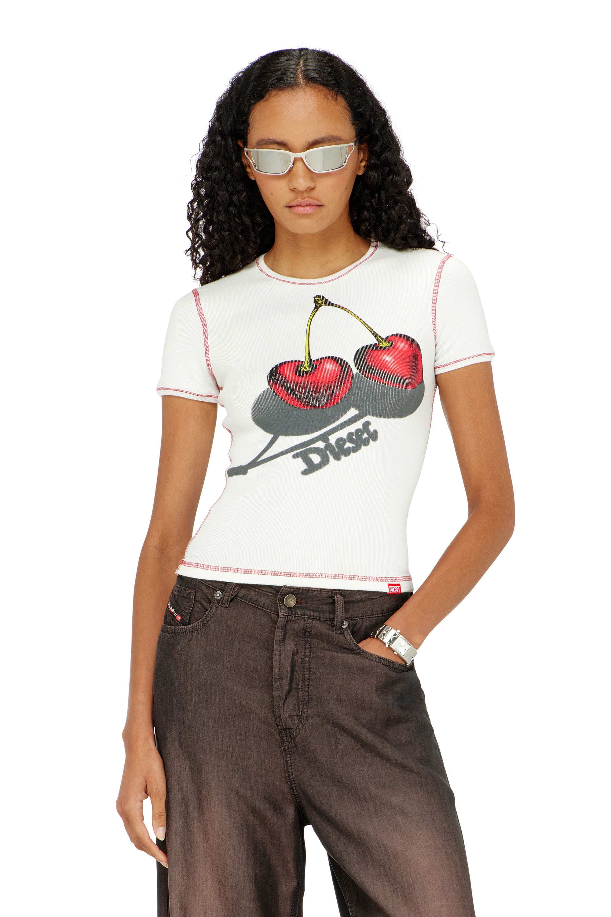 Diesel - SV-T-ELE-CHER, T-shirt en coton slim avec imprim&eacute; cerise Femme in Blanc - 1