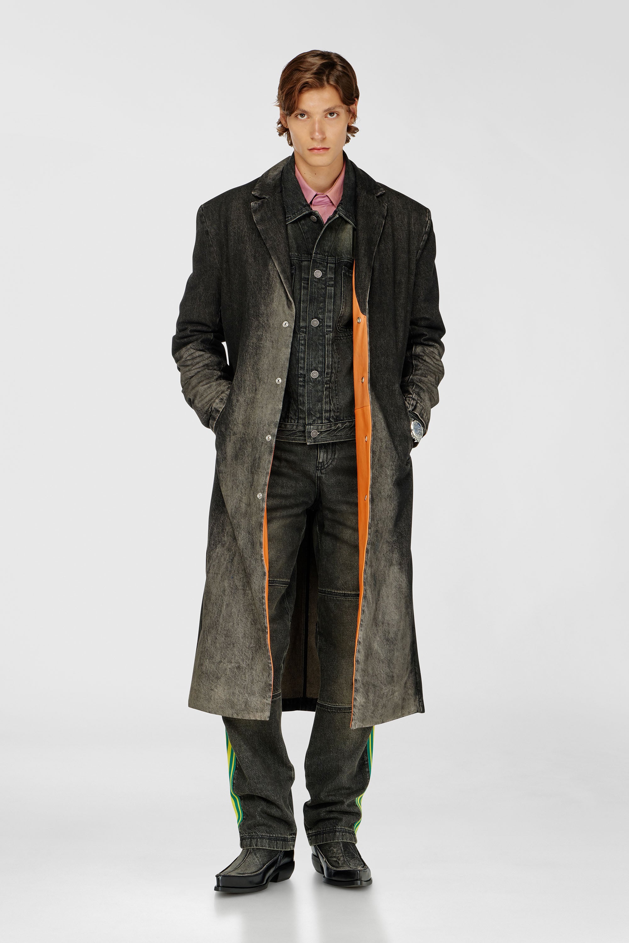 Diesel - D-IANCH-FSJ, Unisex's Long coat in dirty-effect denim in Black/Dark grey - 1