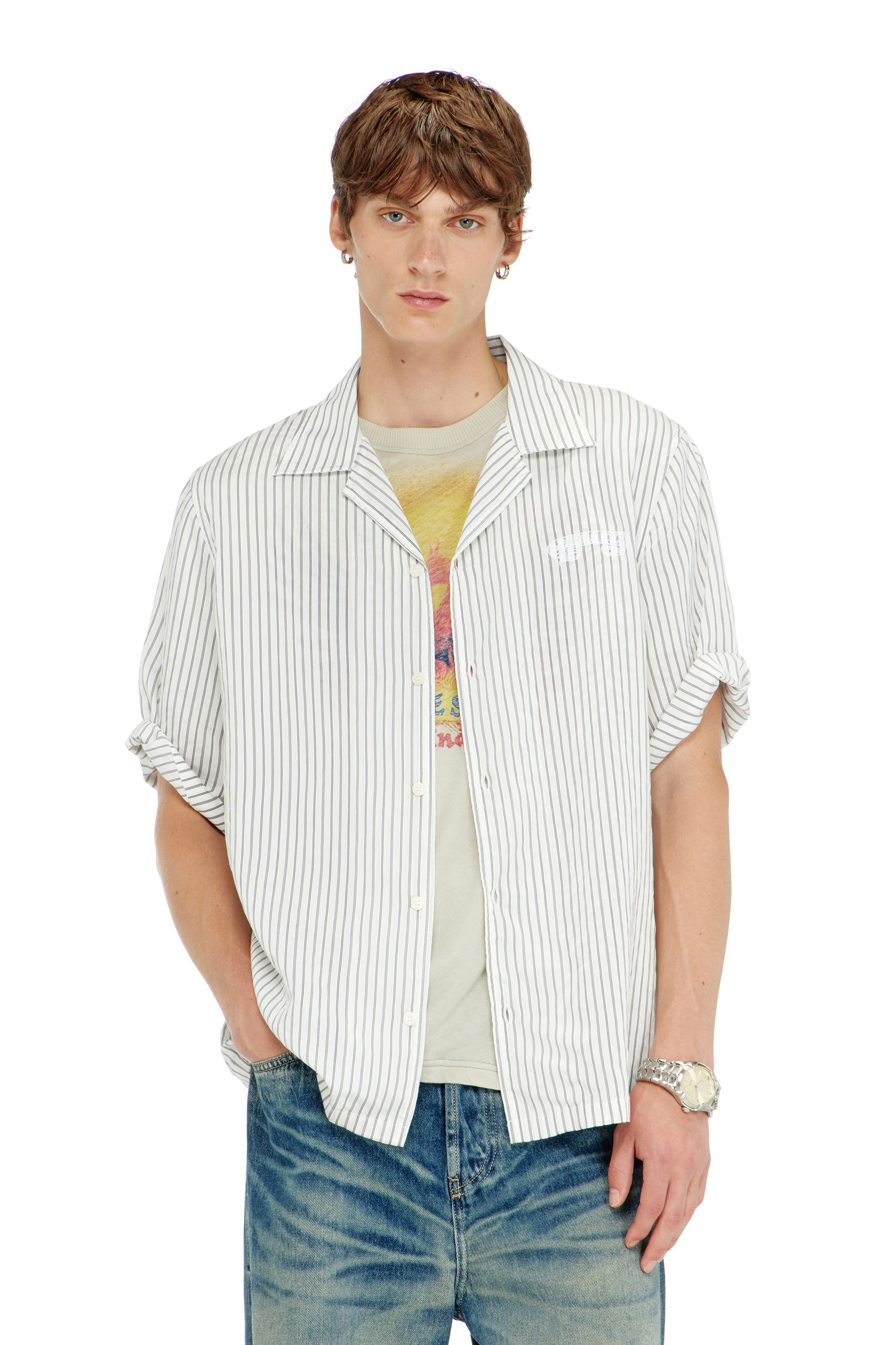 Diesel - S-MAC-EFBV, Chemise &agrave; manches courtes en modal &agrave; rayures fines Homme in Polychrome - 1