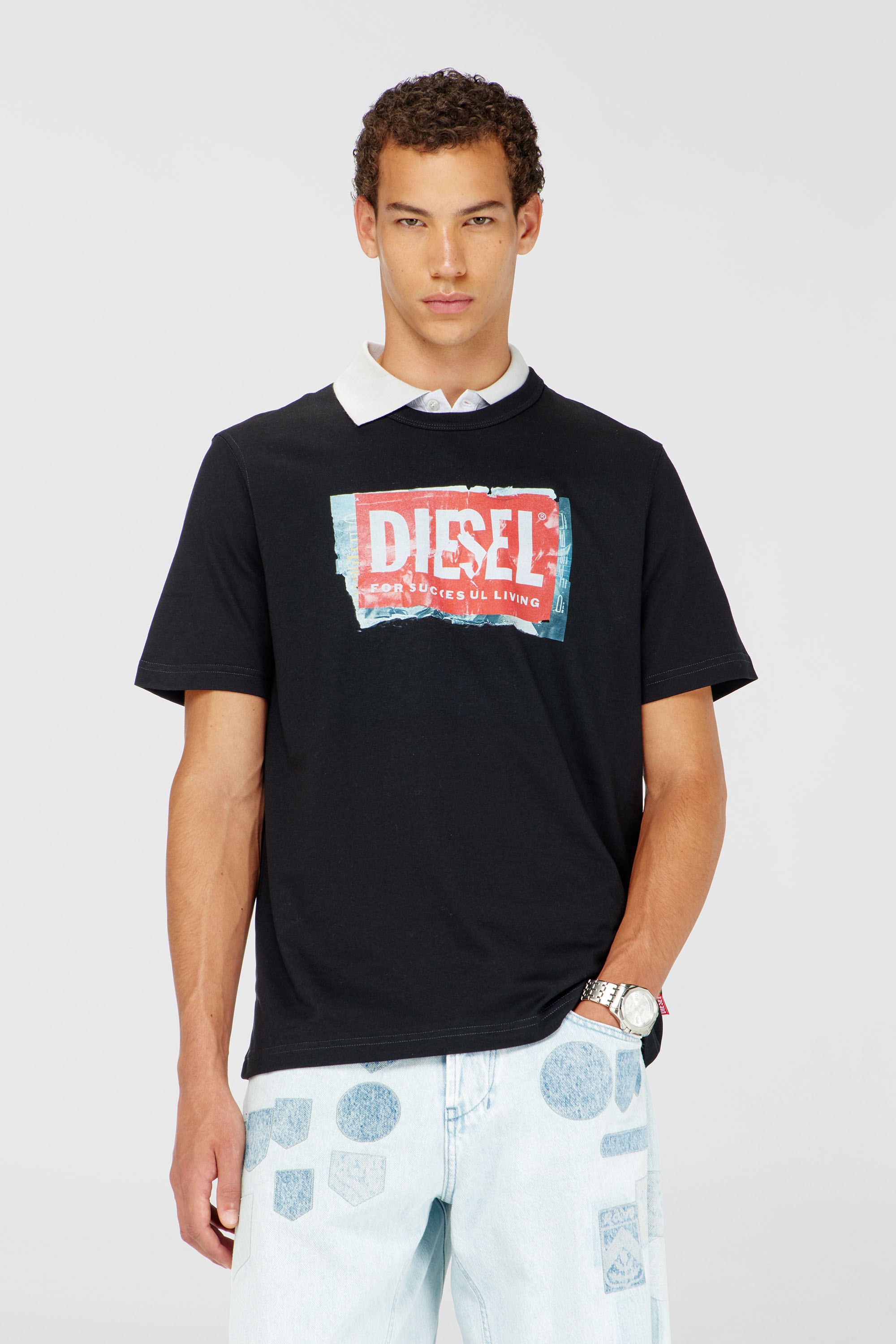 Diesel - T-ADJUST-Q6, T-shirt avec logo effet froiss&eacute; Homme in Noir - 3
