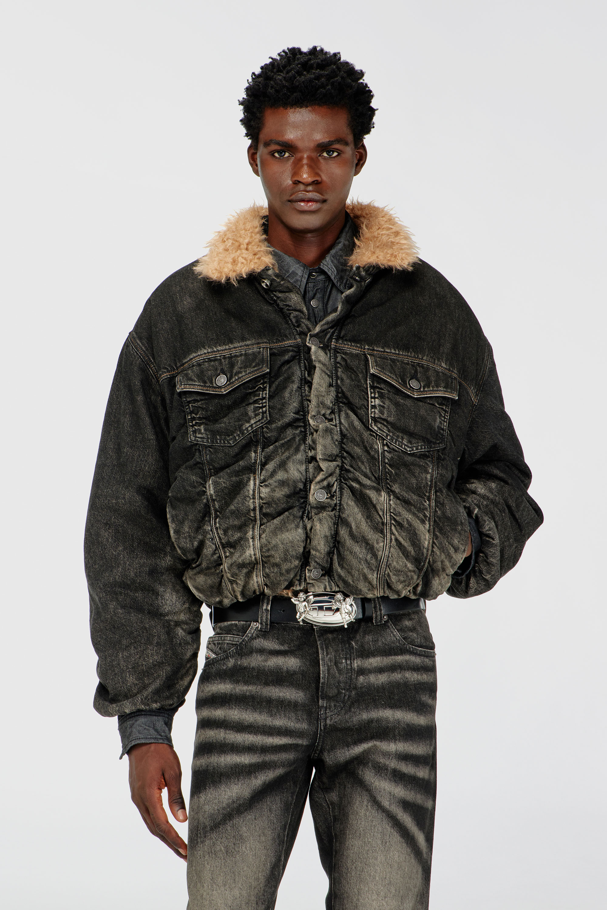 Diesel - D-CURLY-FSJ, Unisex's Teddy-lined trucker jacket in dirty-effect denim in Black/Dark grey - 1