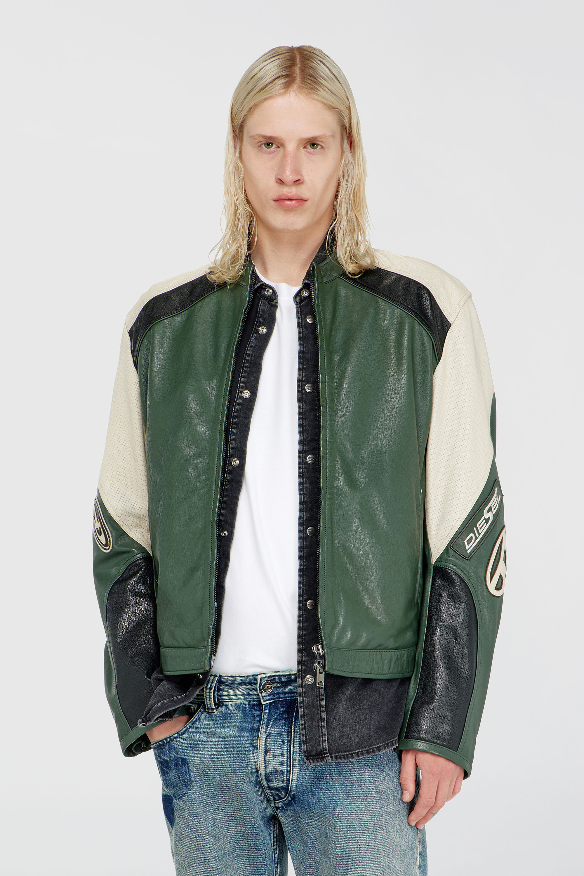 Diesel - L-AHTI, Man's Biker jacket in colour-block perforated leather in Beige/Black - 1