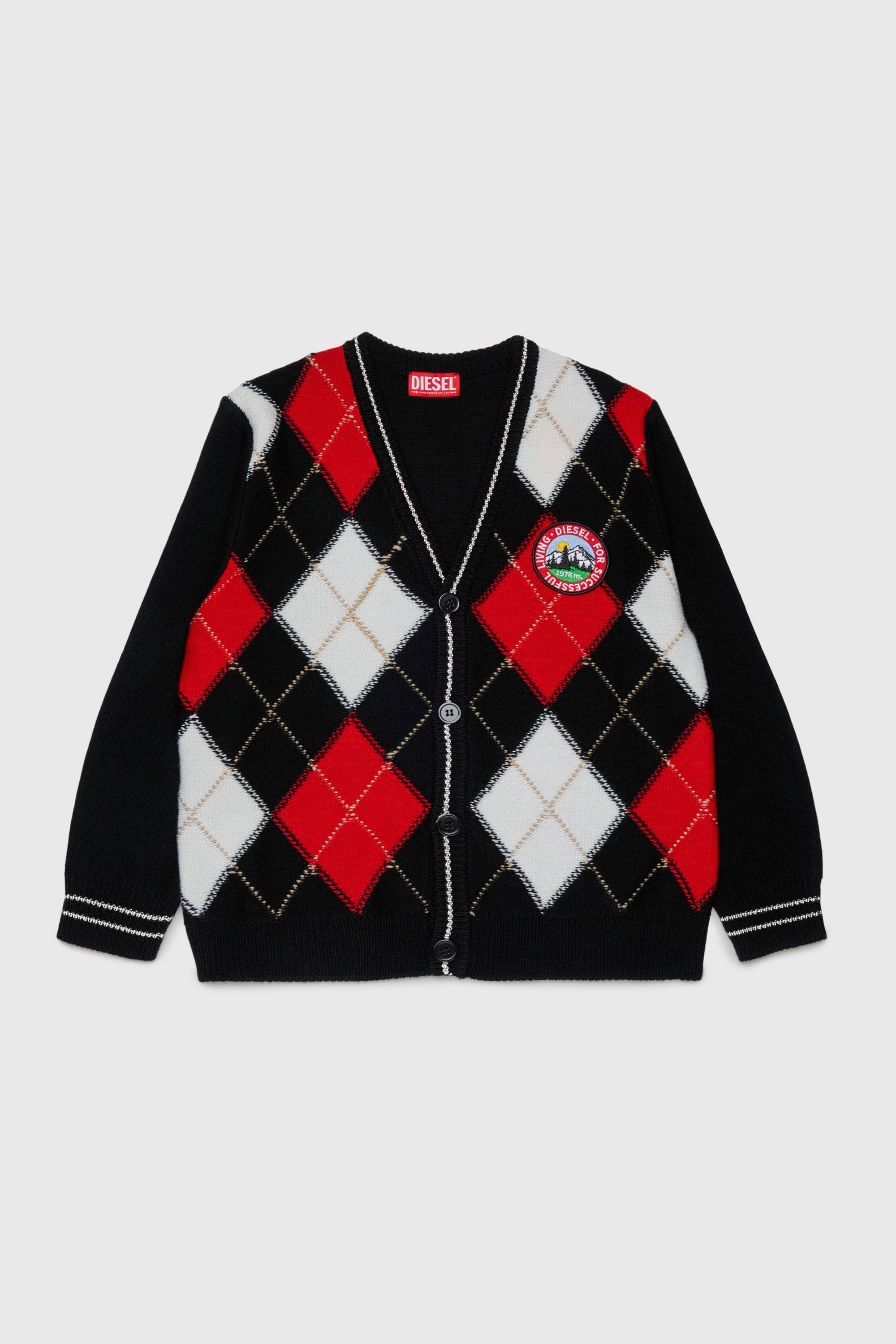 Diesel - KROMYCARDIGAN OVER, Cardigan en laine m&eacute;lang&eacute;e &agrave; motif argyle Mixte in Noir - 1