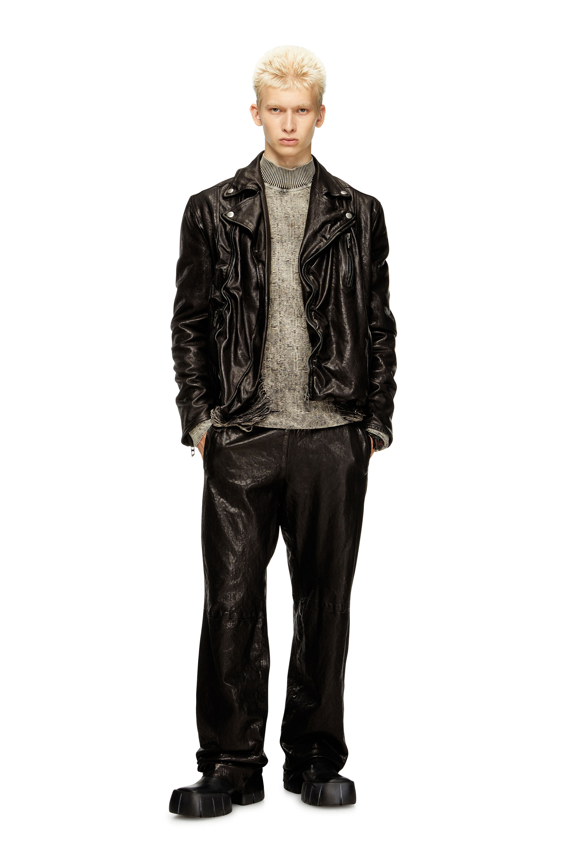 Diesel - L-UNCAN, Veste de motard en cuir bouilli Homme in Noir - 2