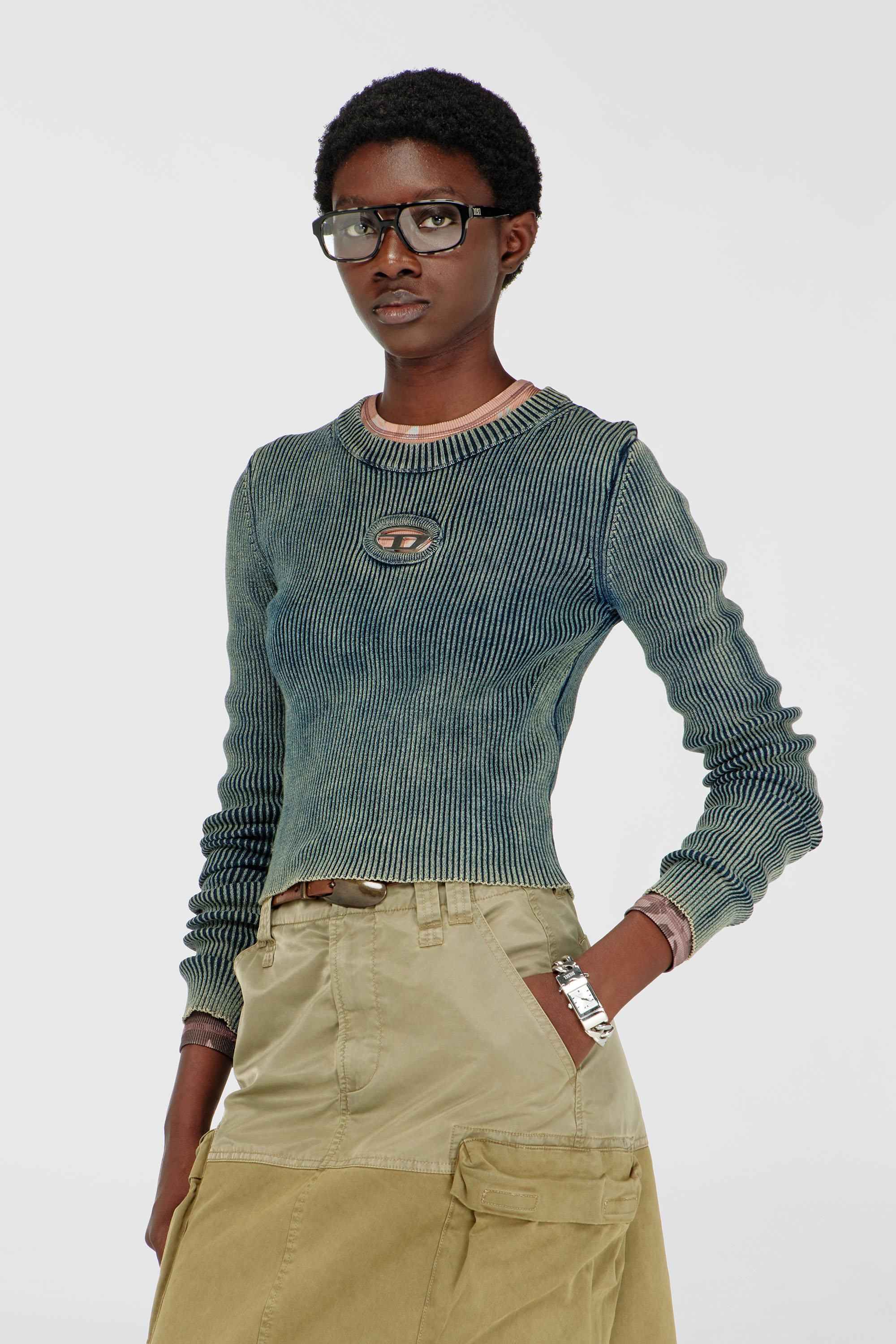 Diesel - M-ANCHOR-A, Top en maille c&ocirc;tel&eacute;e avec Oval D Femme in Bleu - 1