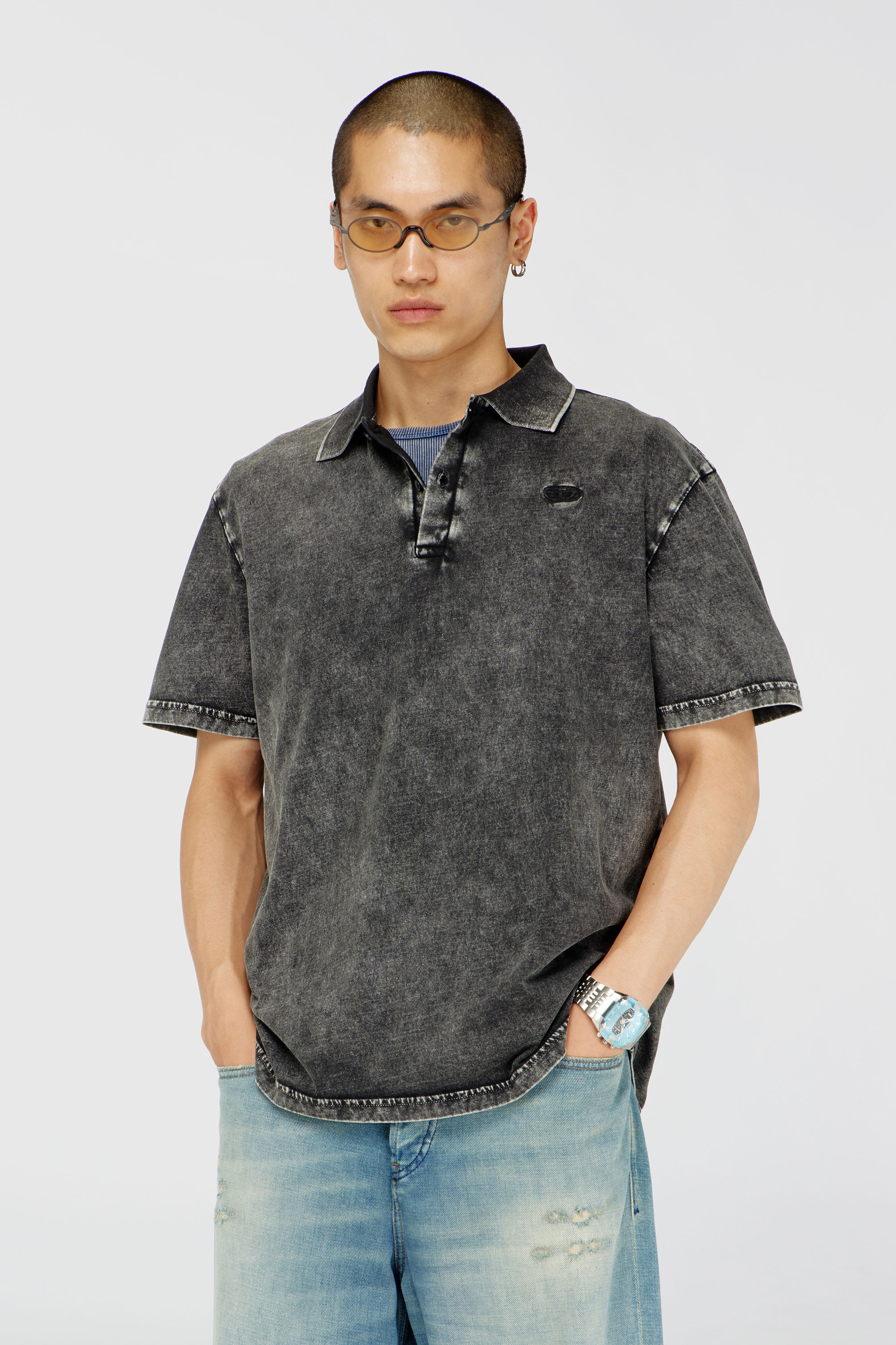 Diesel - T-REJUST-NC-DEN, Man's Polo shirt in denim-effect jersey in Dark grey - 1