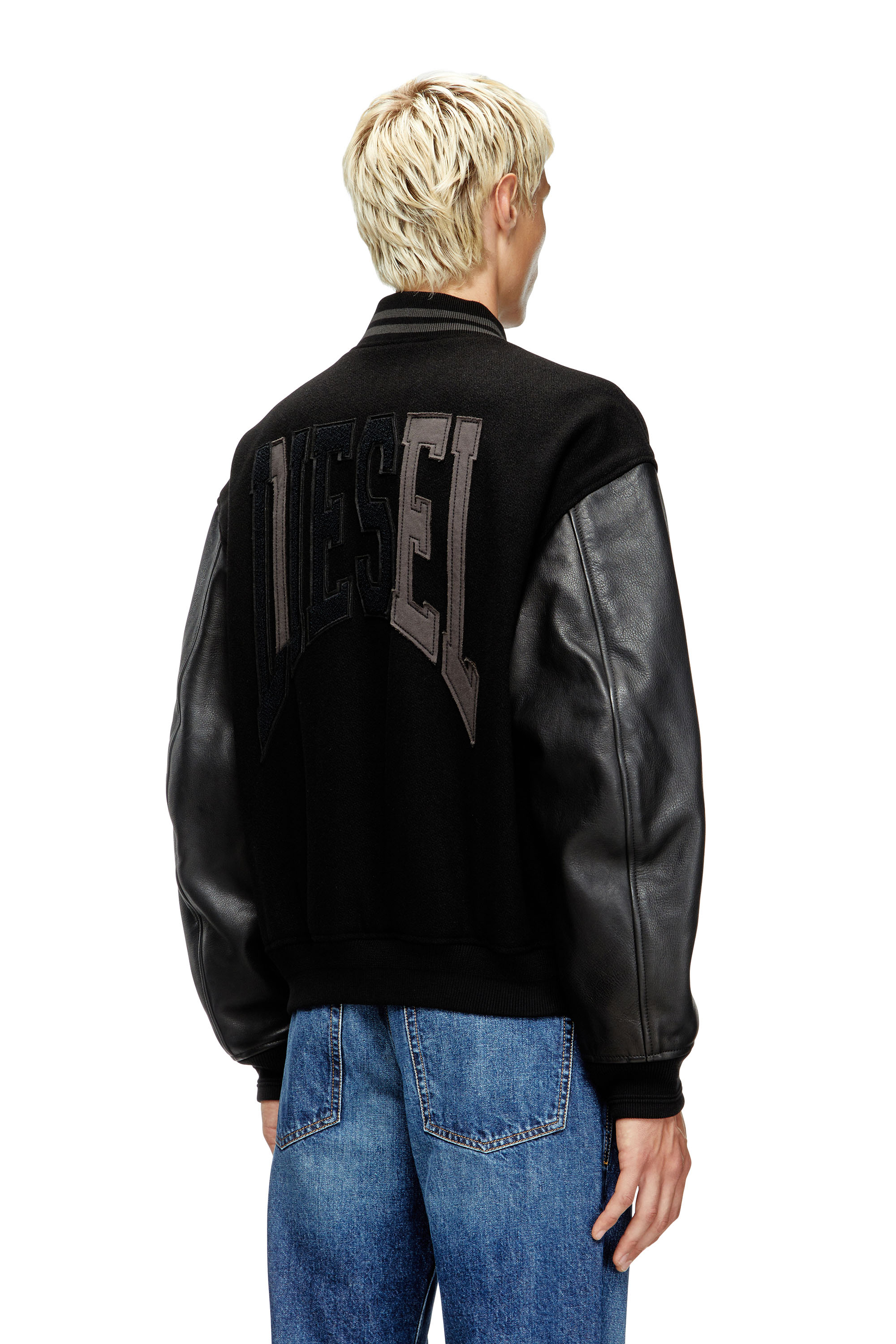 Diesel - L-NYMAN, Veste bomber style universitaire en coton et cuir Homme in Noir - 4