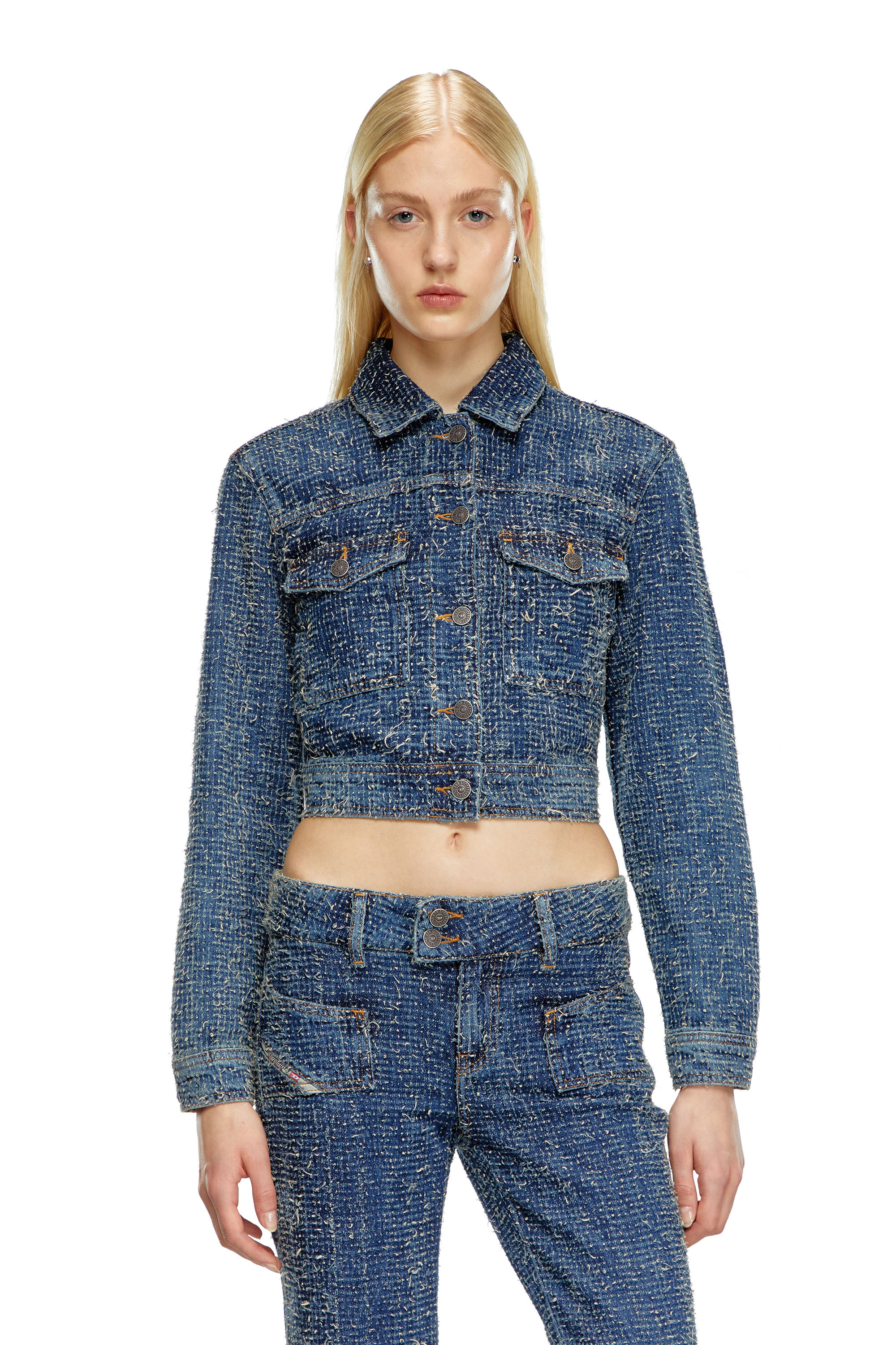 Diesel - DE-ATEL-S, Veste crop en denim boucl&eacute; Femme in Bleu - 6