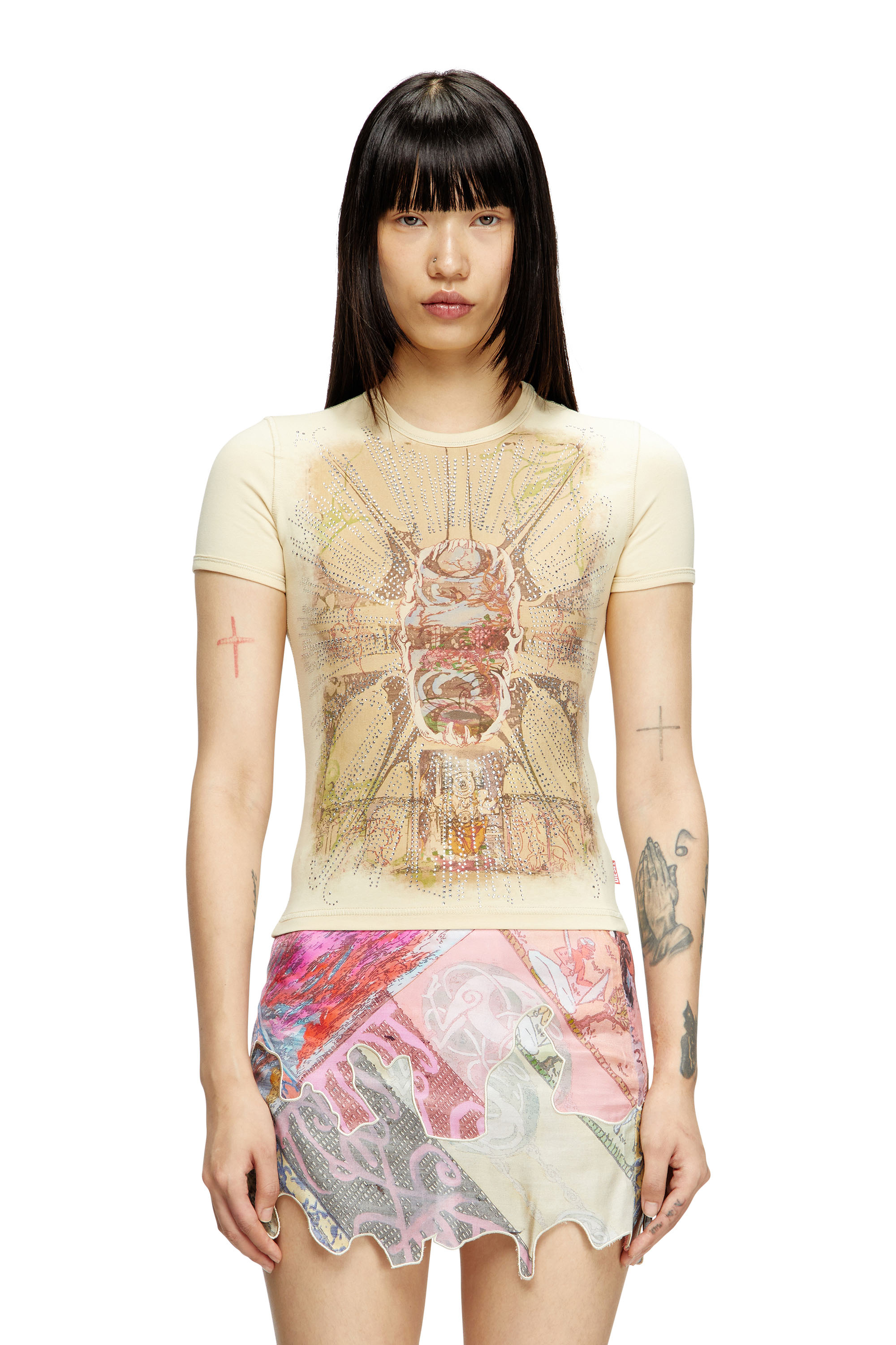 Diesel - T-UNCUTIES-LONG-R14, T-shirt avec motif graphique en strass Femme in Marron - 1