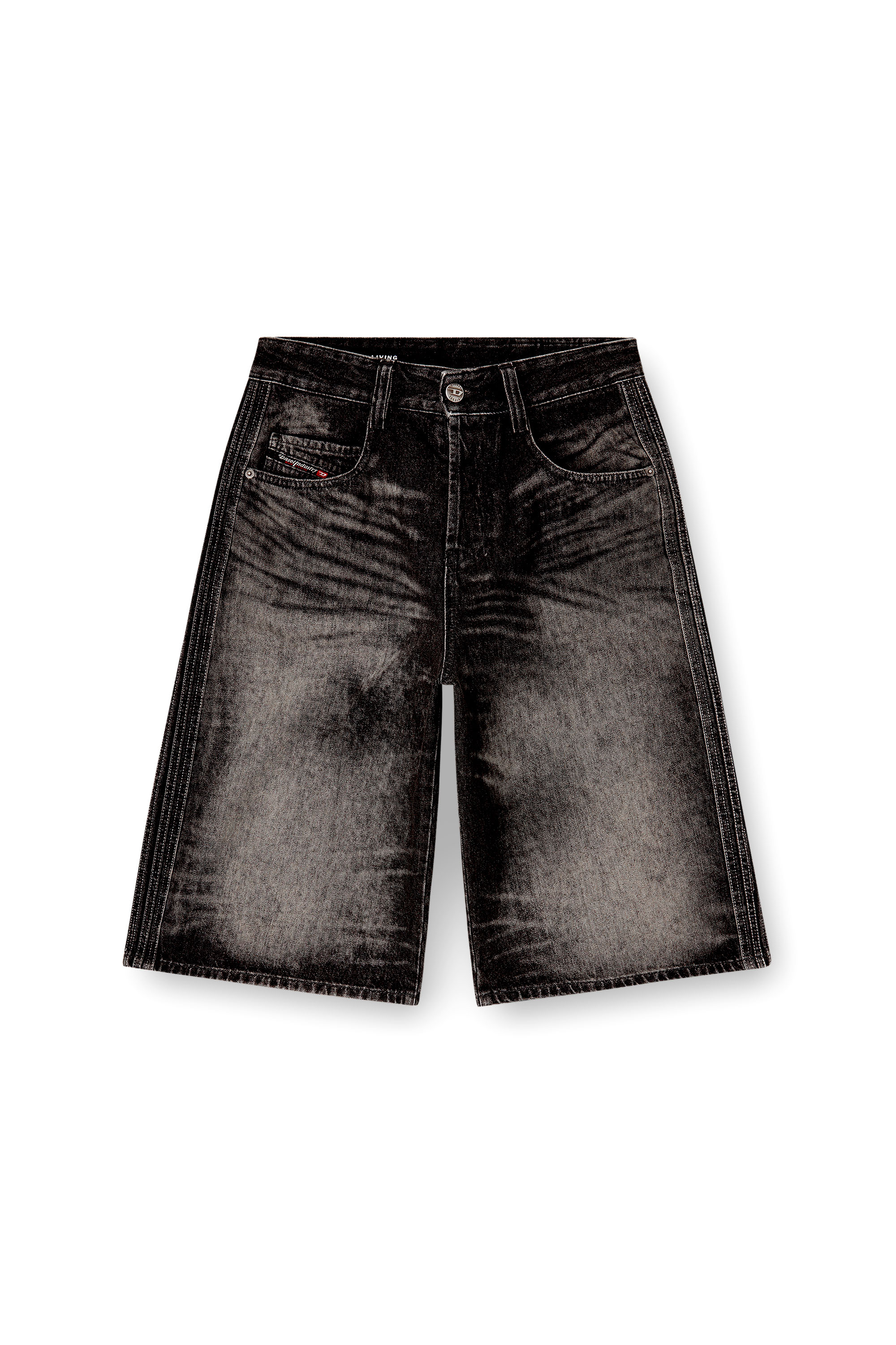 Diesel - D-ENIM-M-SHORT-S, Bermuda longs en denim coton-chanvre trait&eacute; Mixte in Noir - 6
