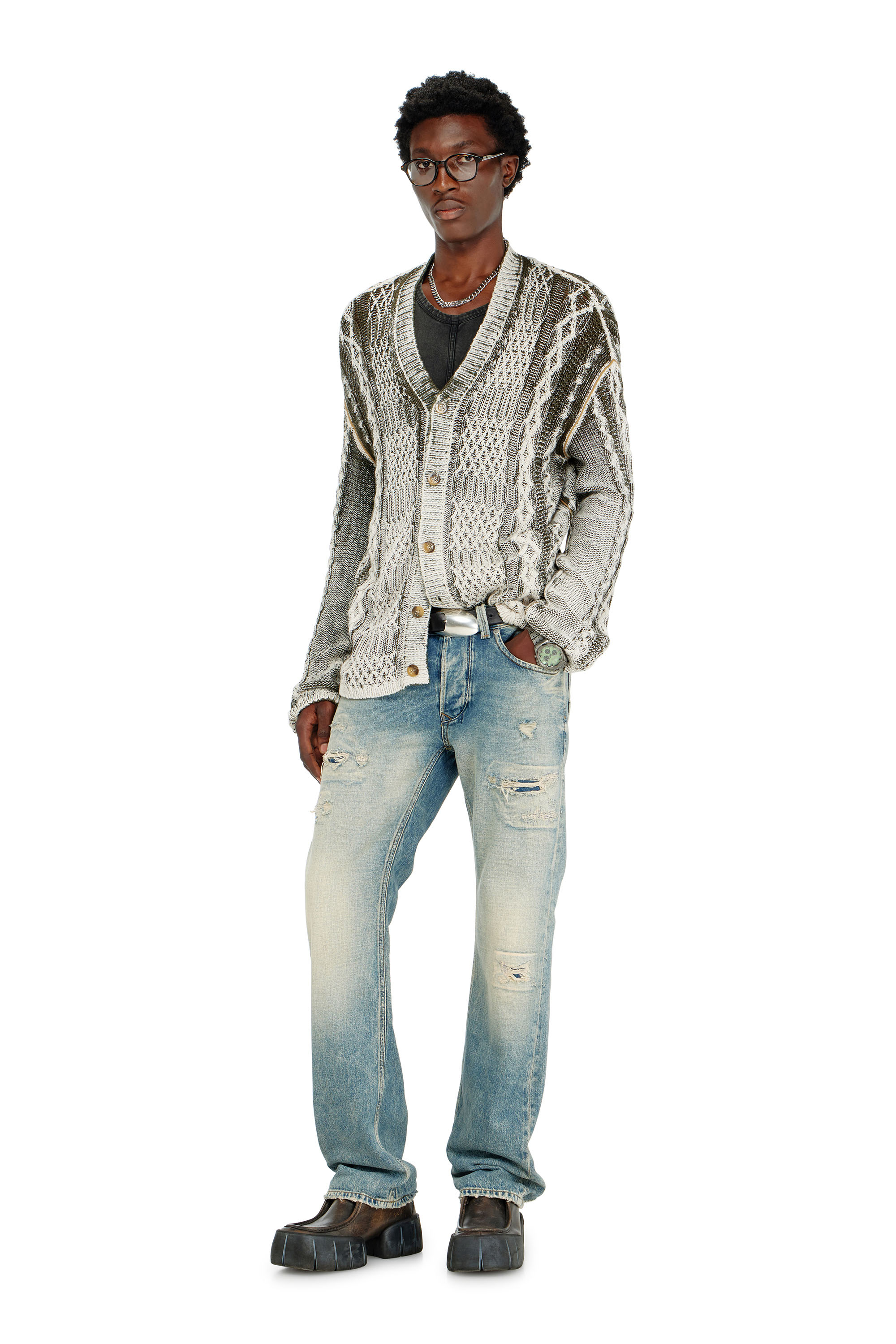 Diesel - K-MIOTO, Cardigan en maille torsad&eacute;e trait&eacute; Homme in Polychrome - 2