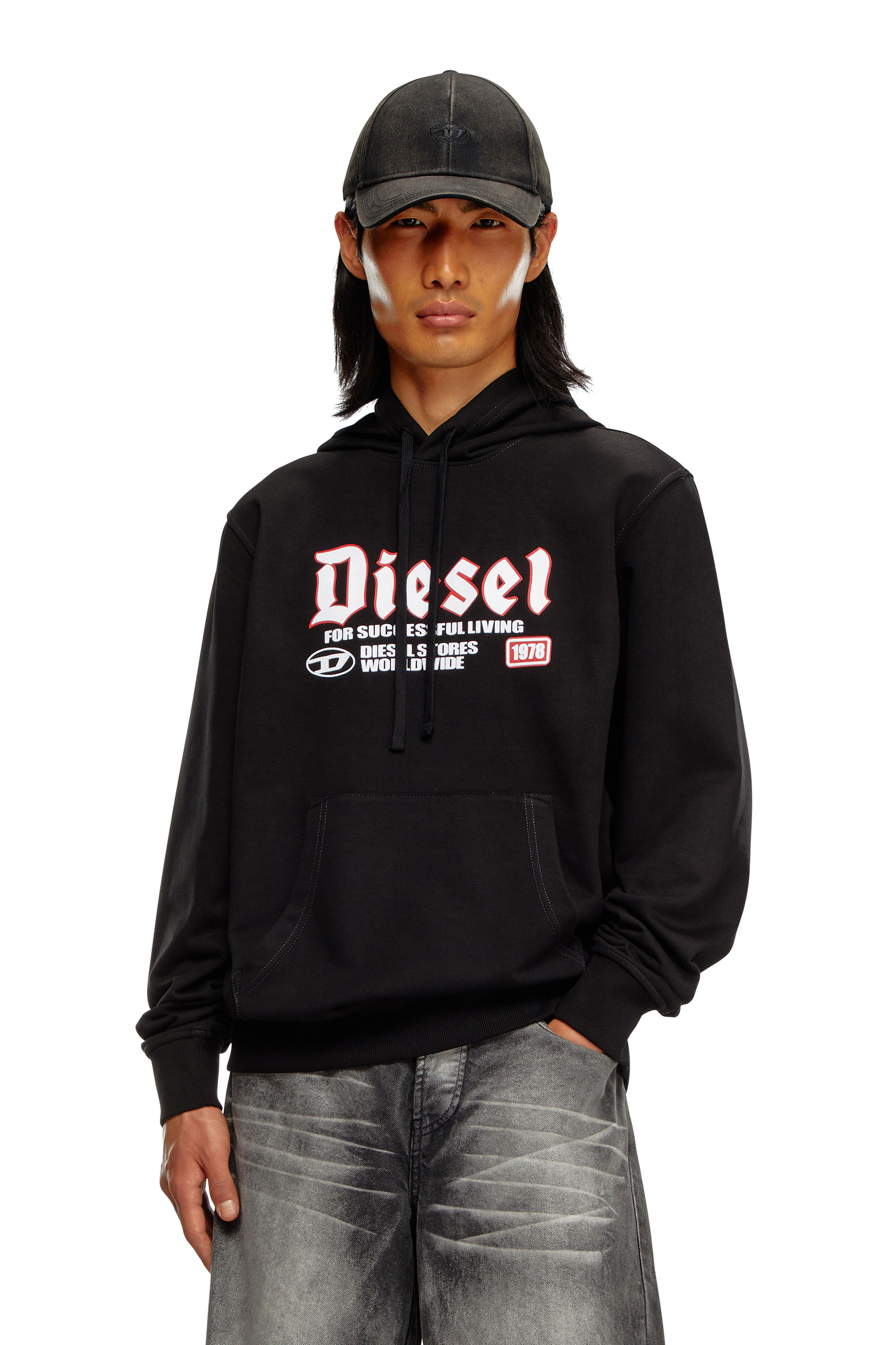 Diesel - S-GINN-HOOD-K45, Homme Sweat-shirt à capuche avec logo floqué in Noir - Image 1