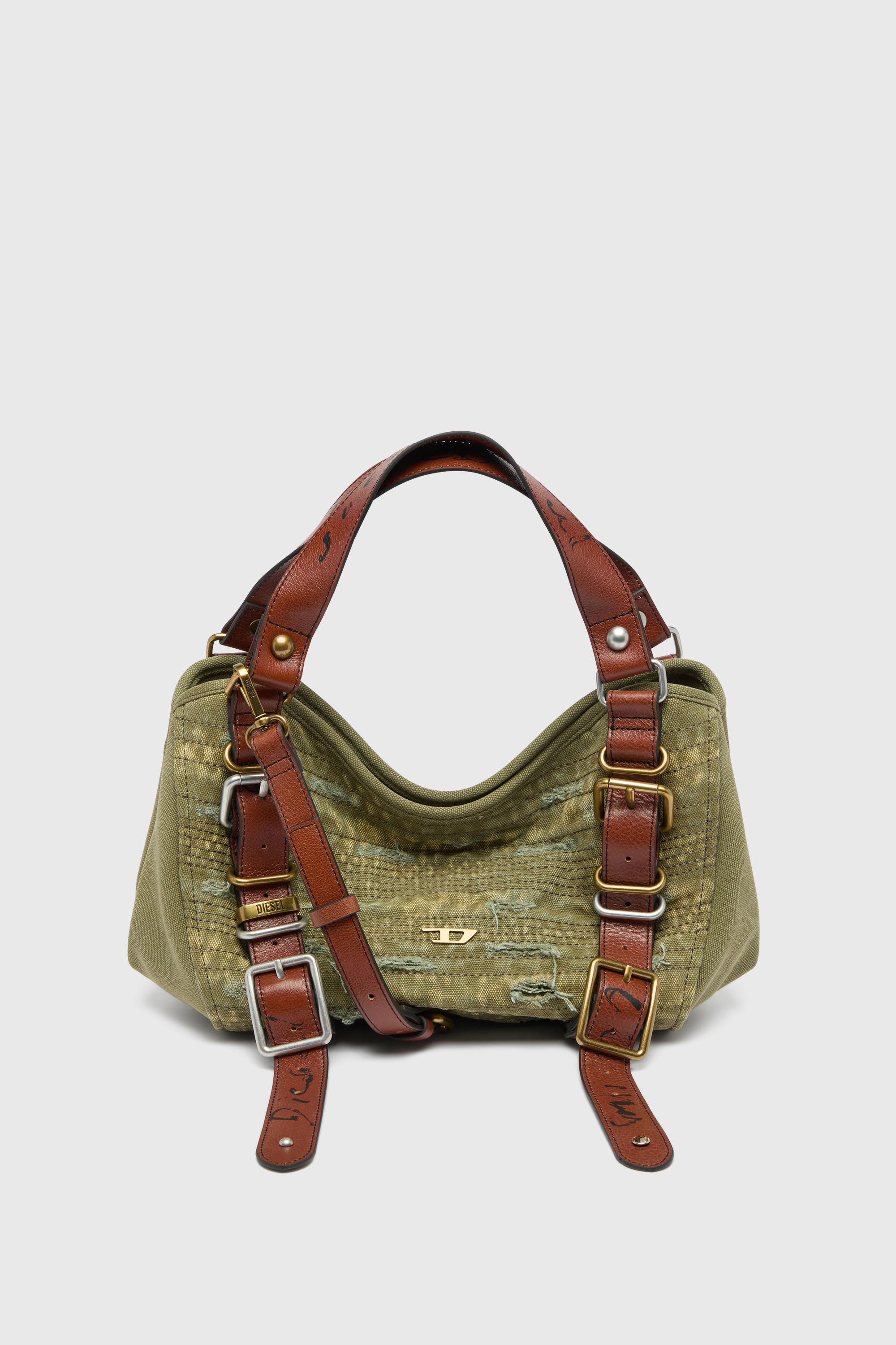 Diesel - D-ONE TOPHANDLE S, D-One-Small sac &agrave; poign&eacute;e en toile effet us&eacute; et cuir Femme in Vert - 3