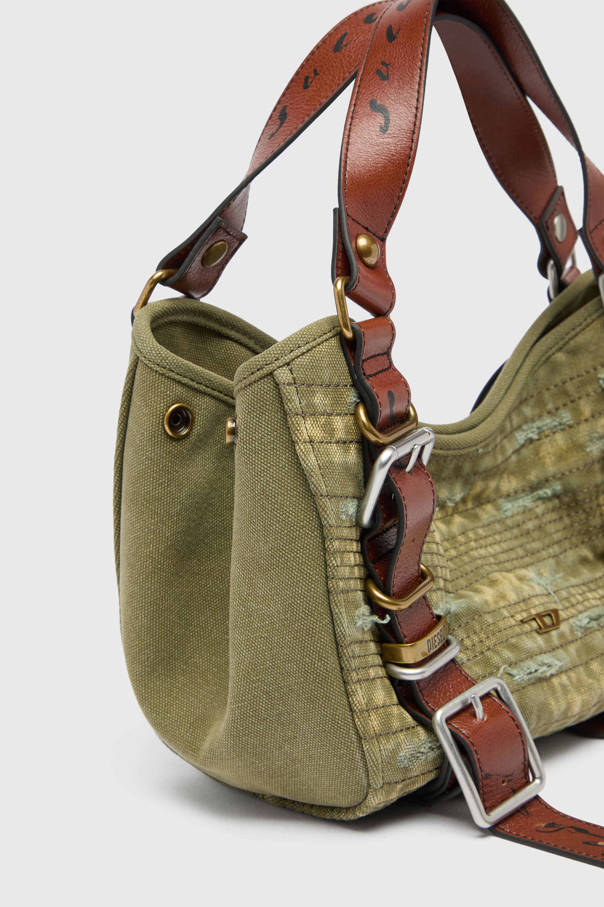Diesel - D-ONE TOPHANDLE S, D-One-Small sac &agrave; poign&eacute;e en toile effet us&eacute; et cuir Femme in Vert - 7