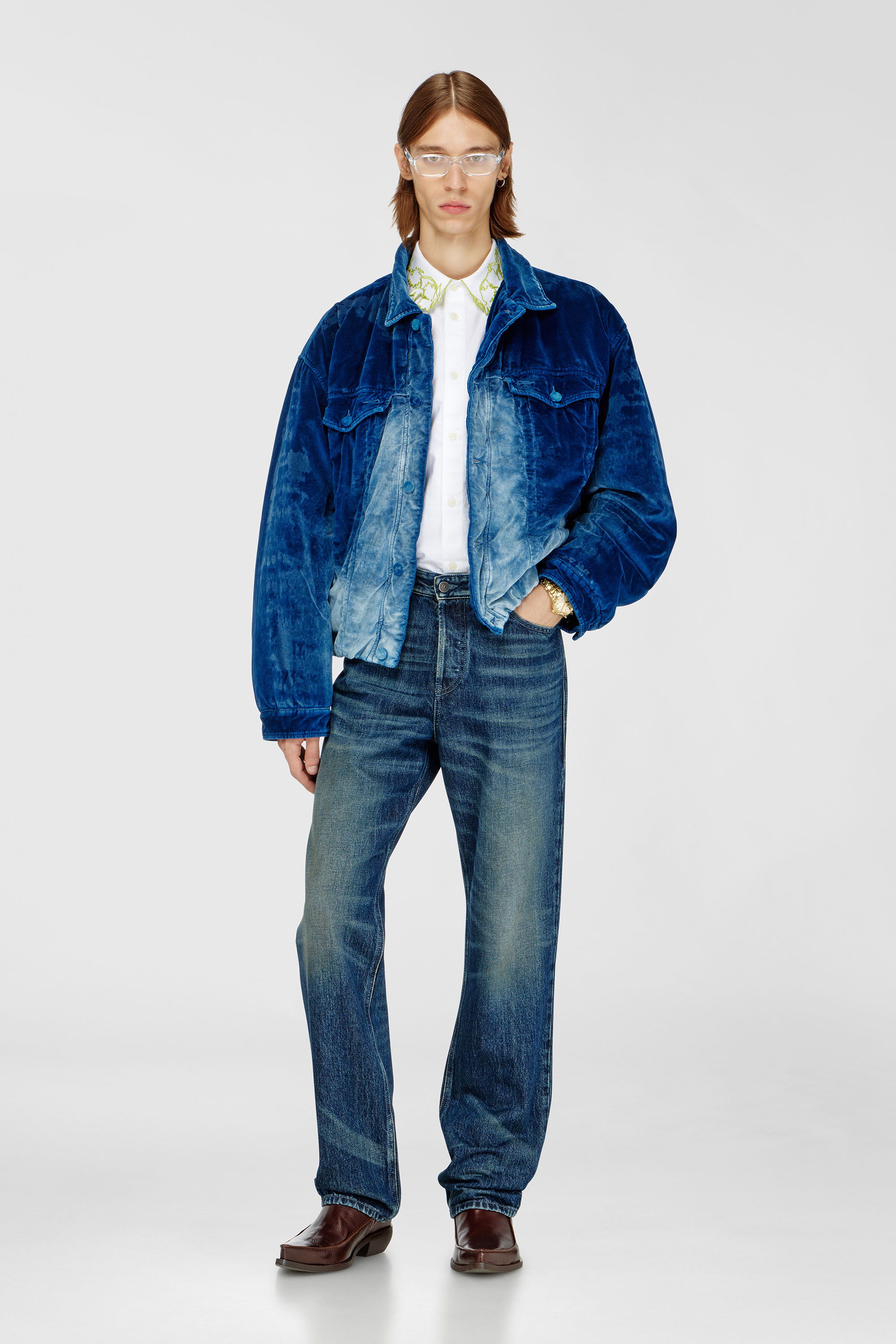 Diesel - D-MORVI-FSJ, Man's Elasticated trucker jacket in velvet denim in Dark Blue - 1