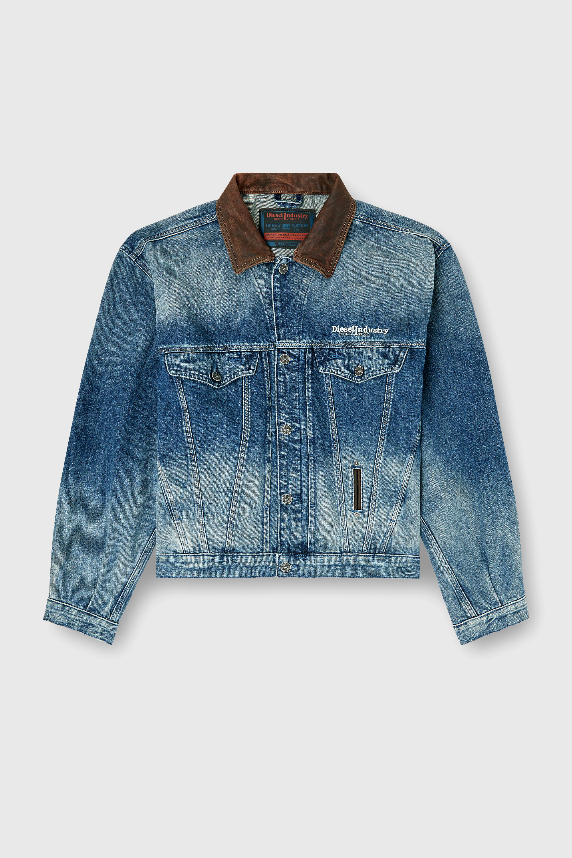 Diesel - D-DENVER-S1, Unisex's Denim trucker jacket with contrast leather trims in Blue - 2