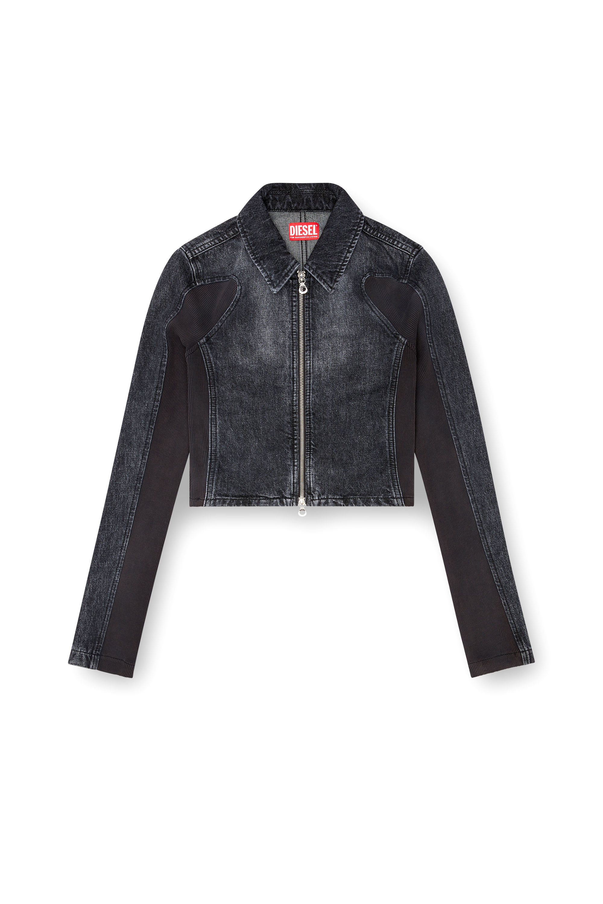 Diesel - DE-SYLEN-S, Veste courte en denim avec empiècements côtelés Femme in Noir - 3