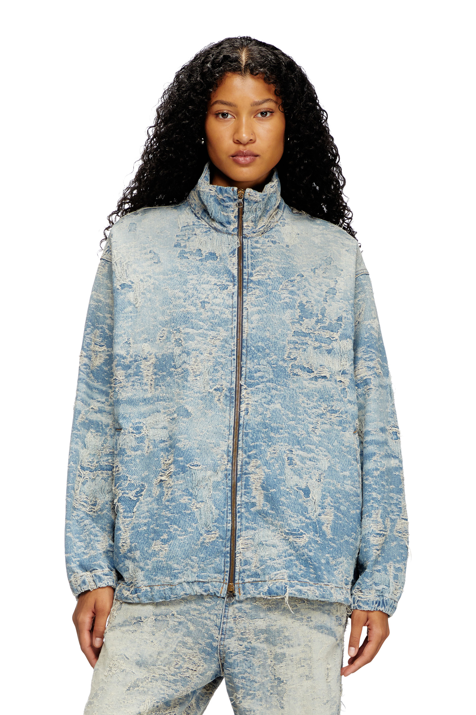 Diesel - D-KRAP-FSF, Veste zippée en denim jacquard effet sali Mixte in Bleu - 5