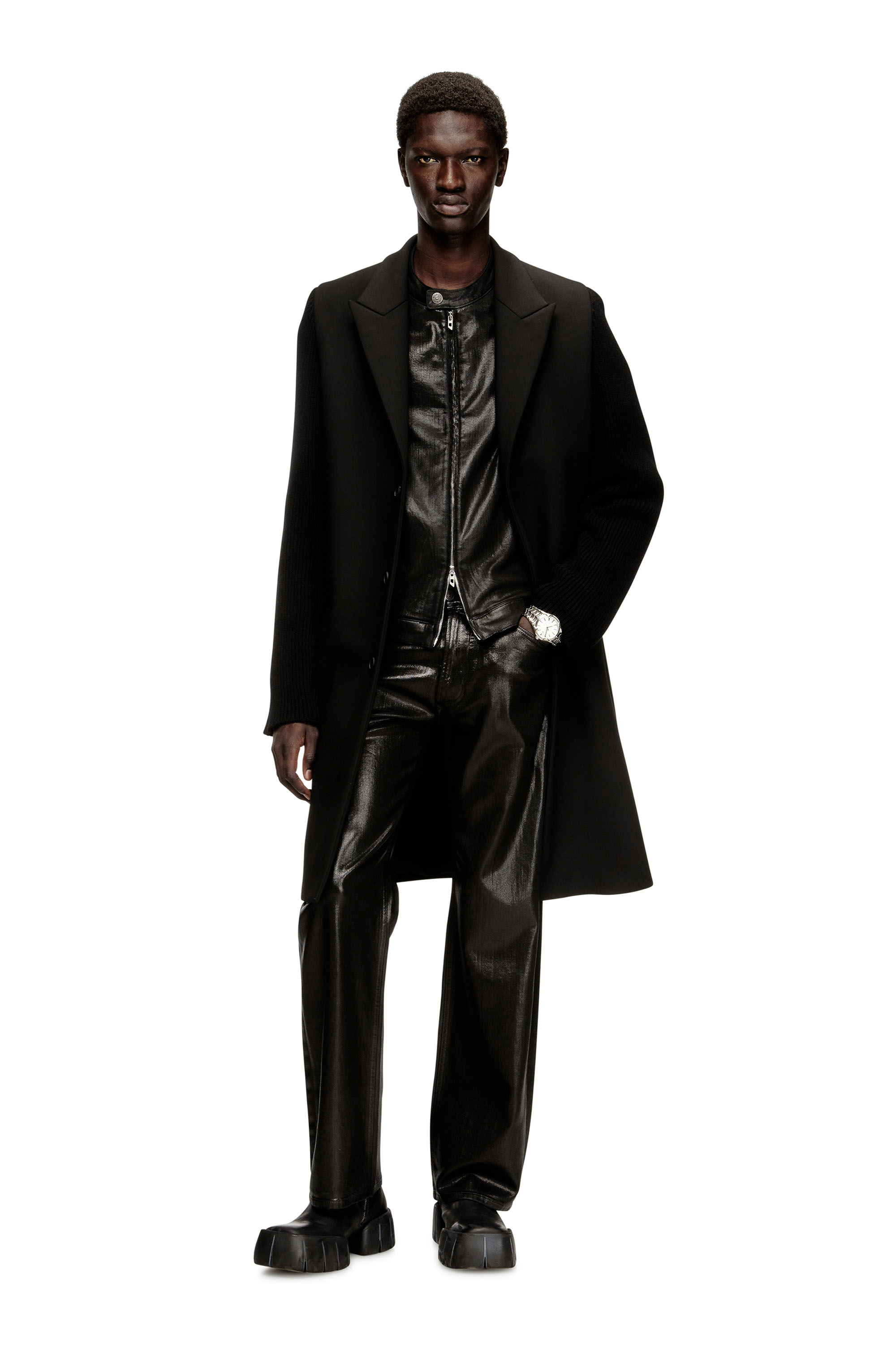 Diesel - W-YARD, Manteau en tissu tailleur et maille côtelée Homme in Noir - 3