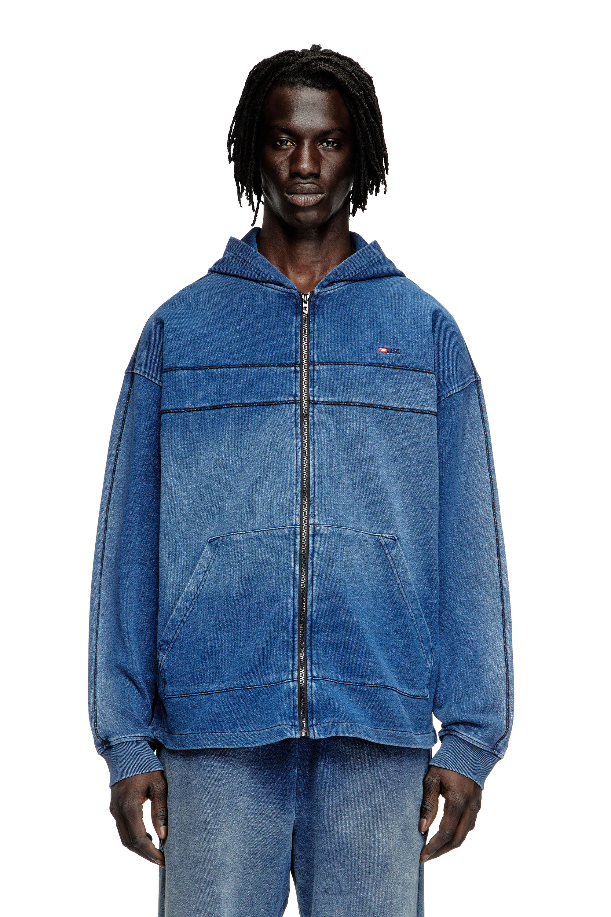 Diesel - S-BLAXT-HOOD-ZIP-NEW, Sweat-shirt à capuche en jersey effet denim Homme in Bleu - 1