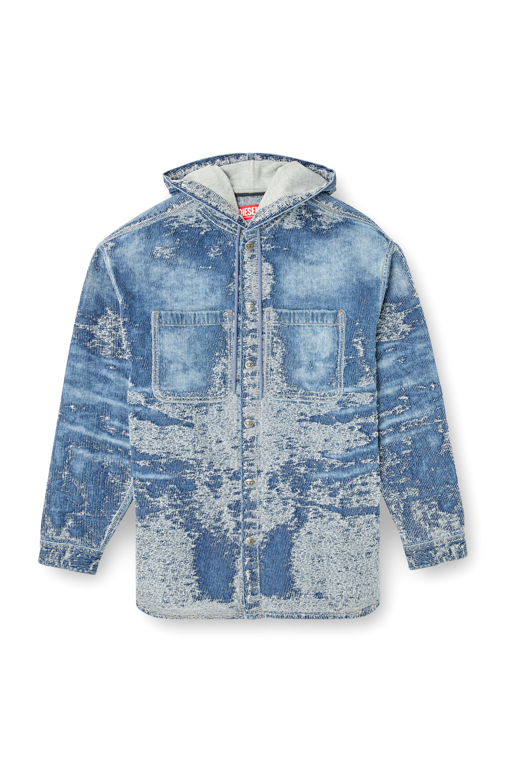 Diesel - D-DEWNYS-HOOD-S, Surchemise en denim jacquard effet vieilli Homme in Bleu - 3