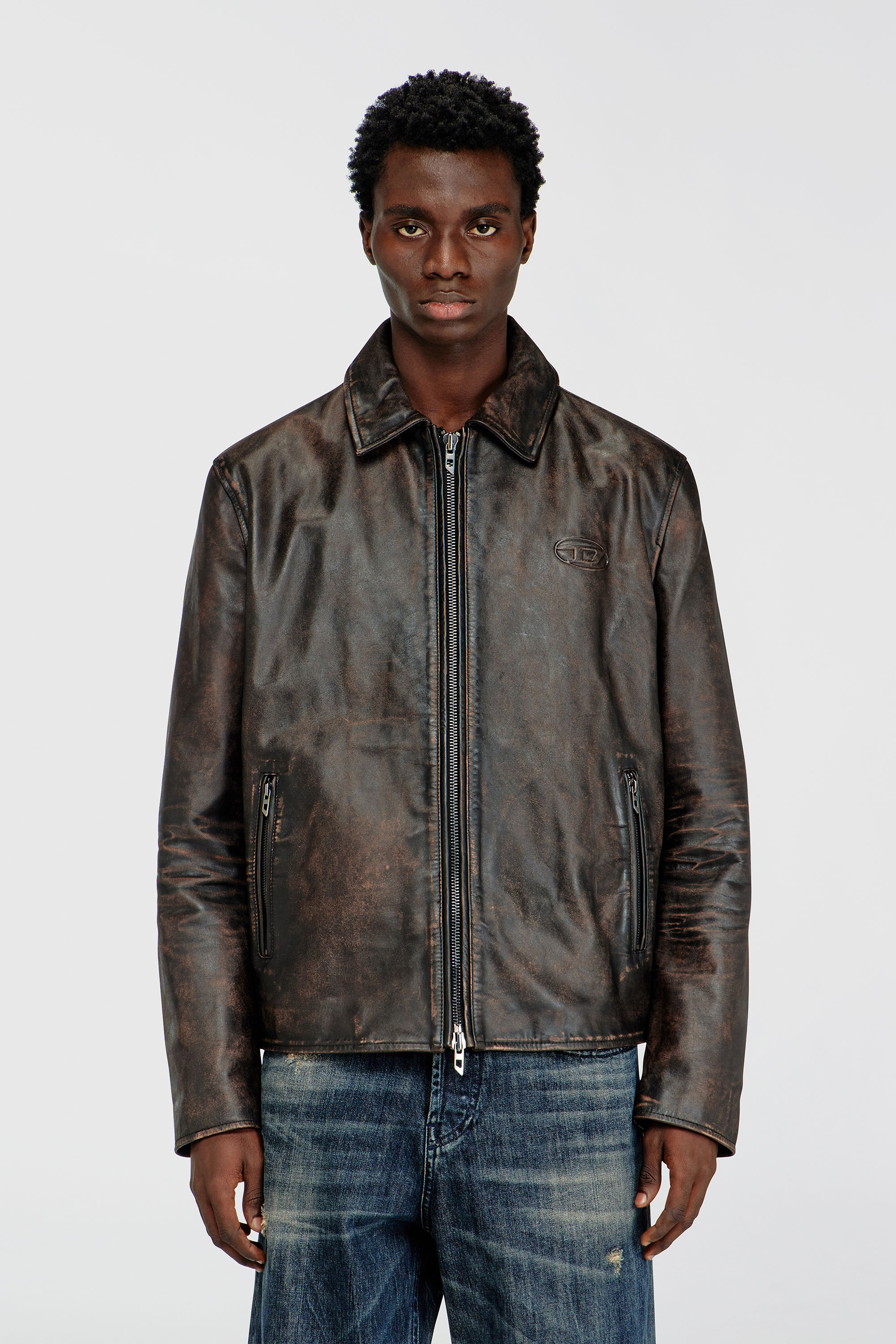 Diesel - L-AMAR-WRD, Veste coach en cuir trait&eacute; Homme in Marron - 3