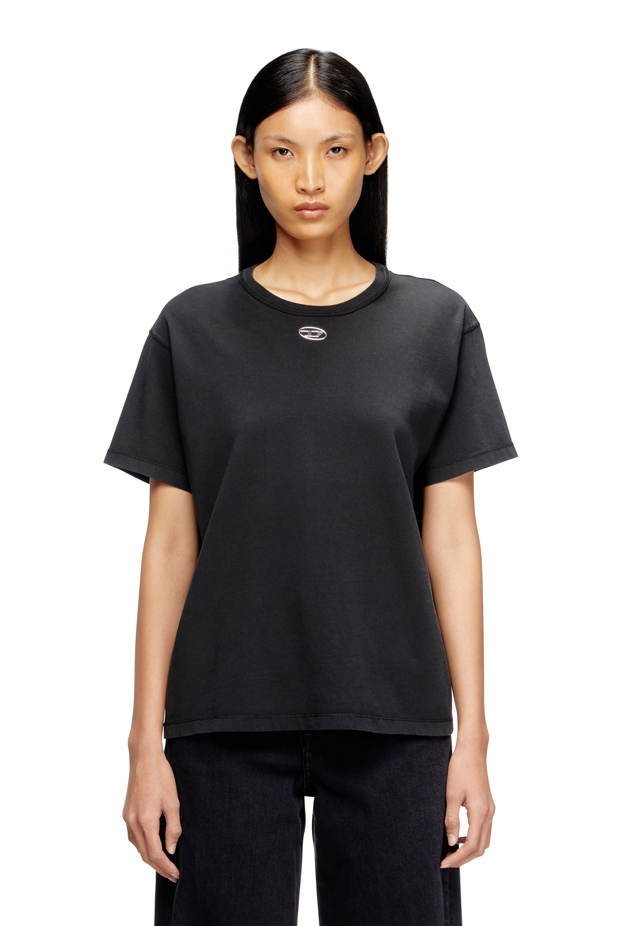 Diesel - T-NORMY-OD-S1, T-shirt en coton avec Oval D métallique Femme in Noir - 1