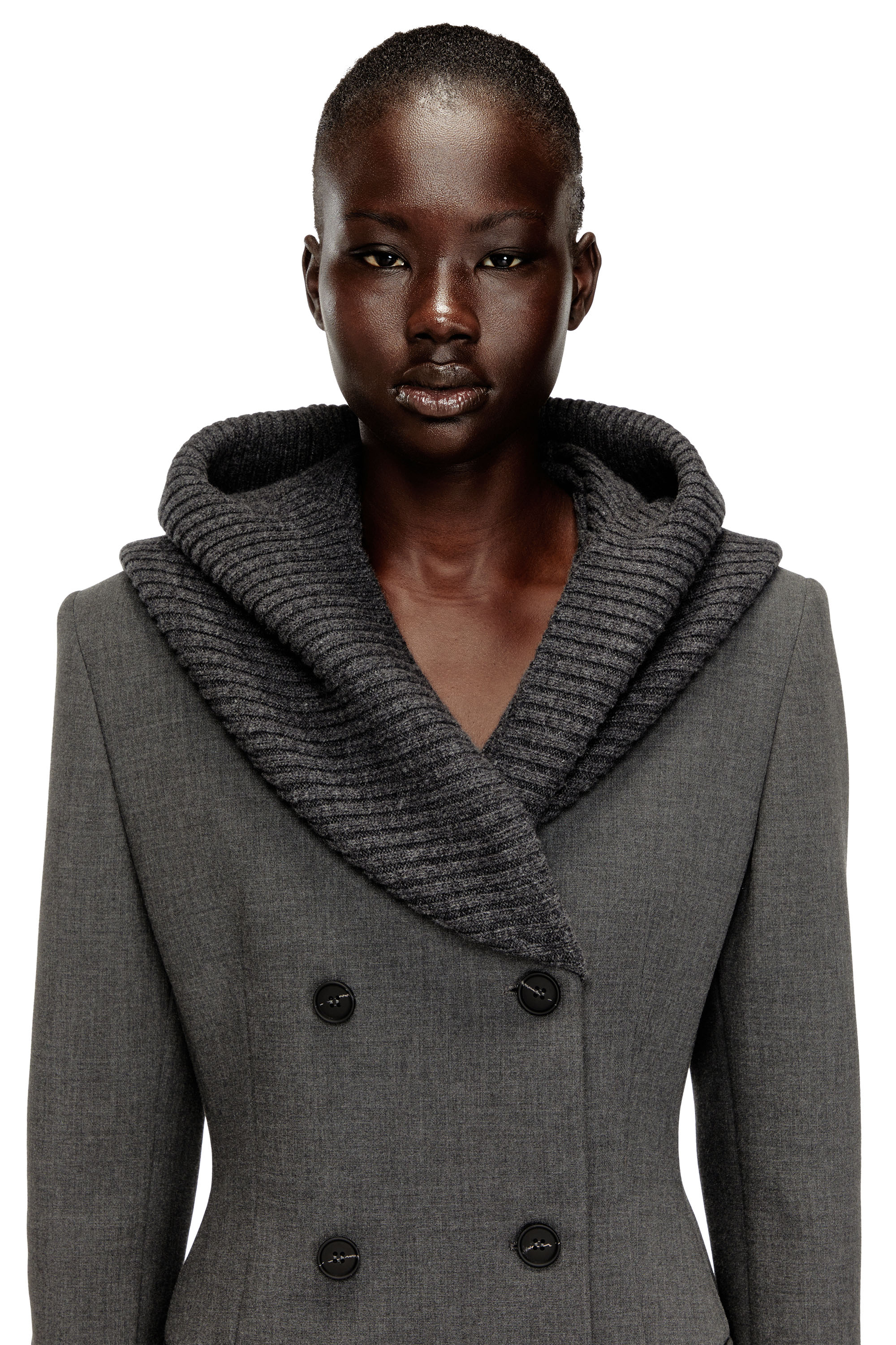 Diesel - G-OLDEN-LONG, Manteau long en sablier avec capuche snood en tricot Femme in Gris - 5